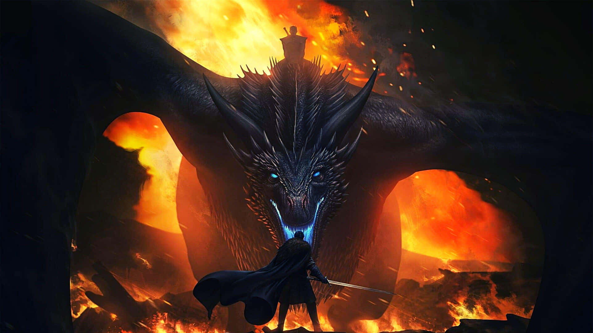 A Man Is Standing In Front Of A Dragon In Flames Background