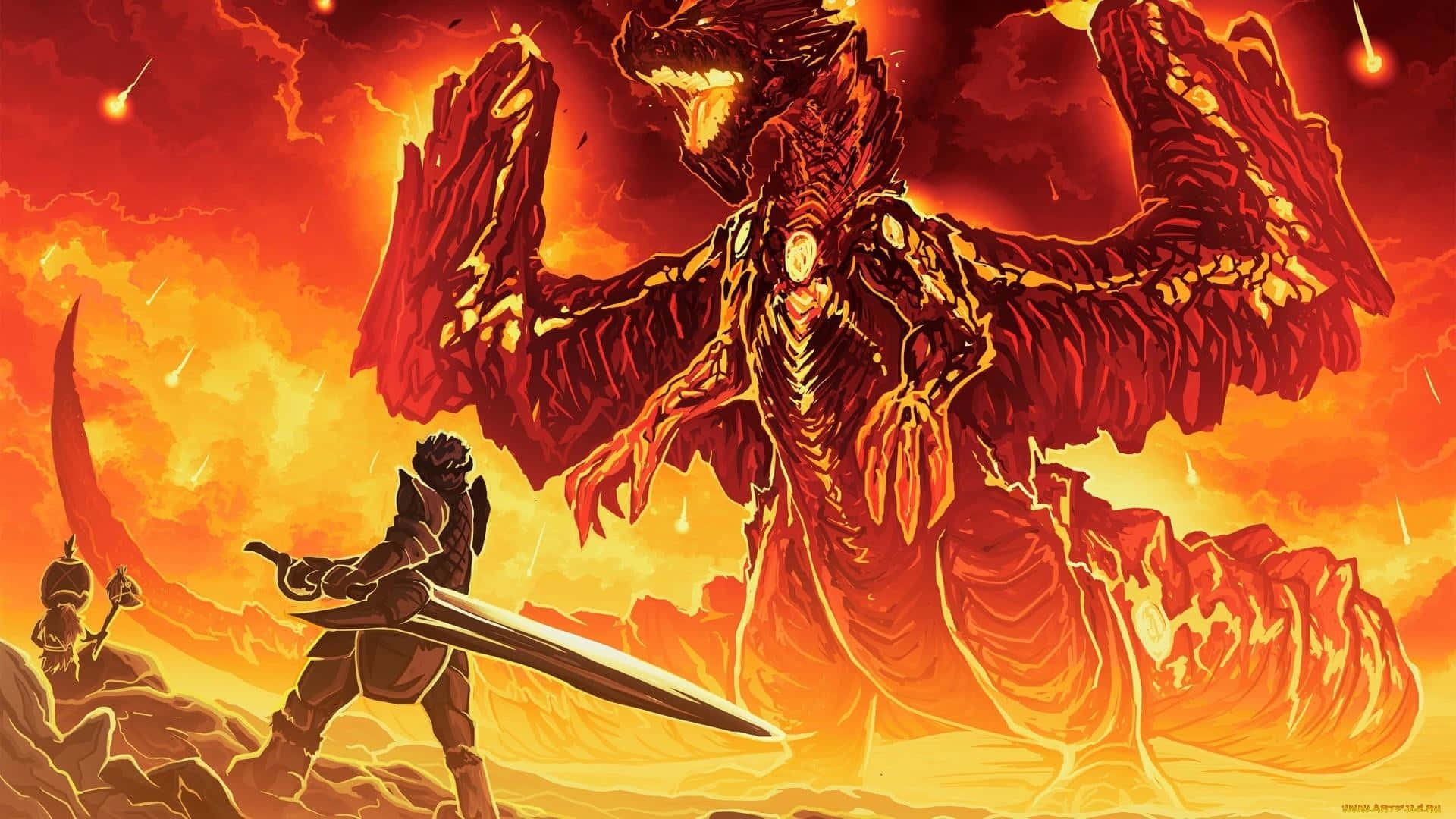 A Man Is Standing In Front Of A Fire Monster Background