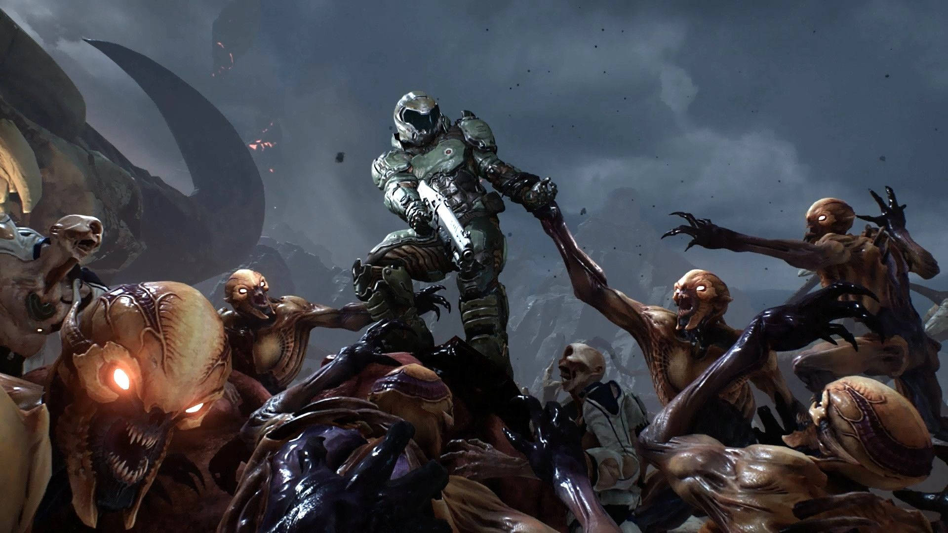 A Man Is Standing In Front Of A Group Of Zombies Background