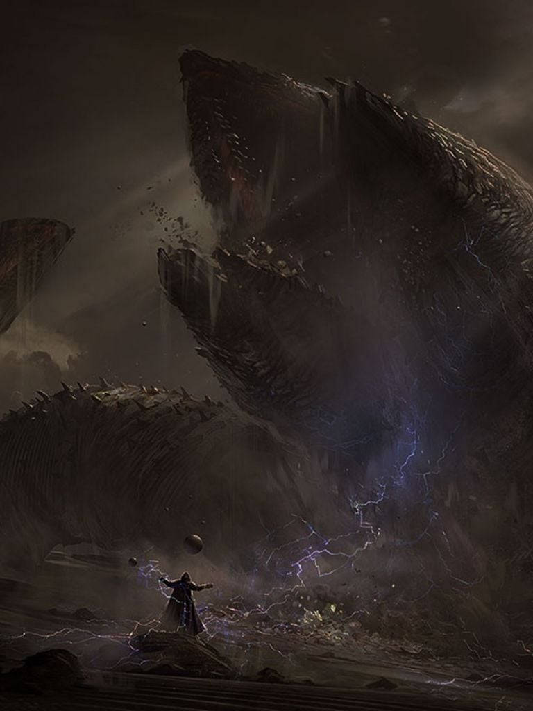 A Man Is Standing In Front Of A Large Monster Background