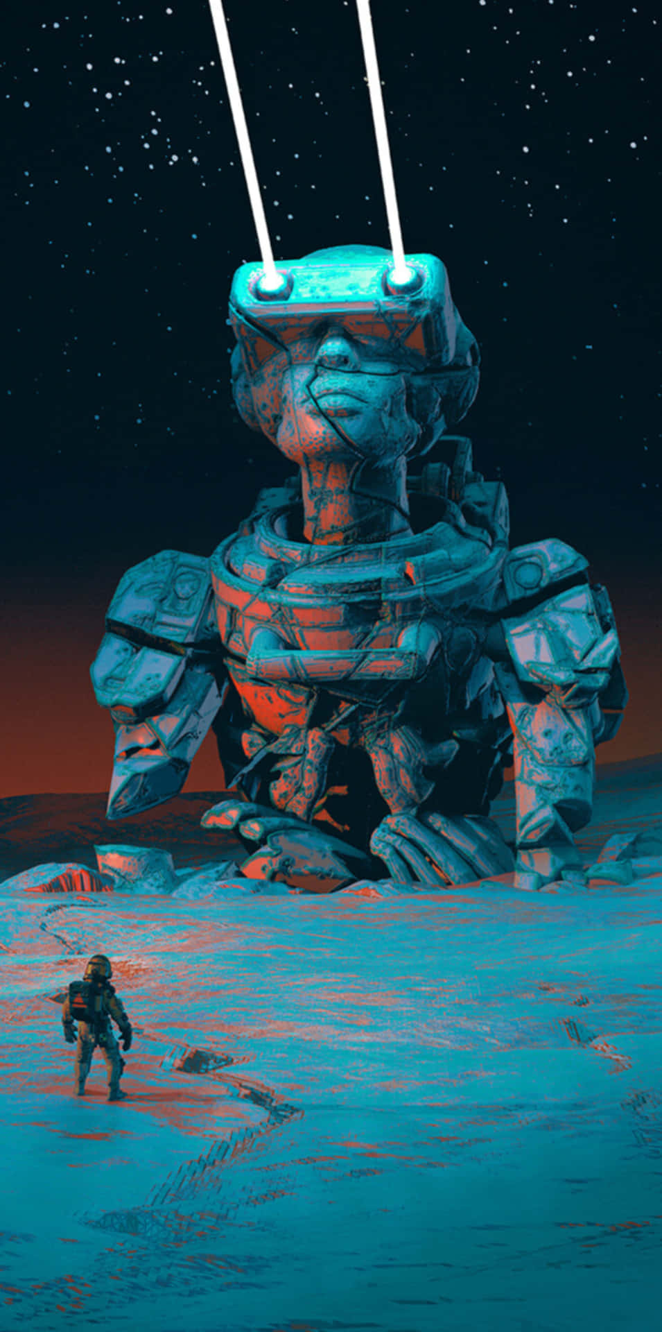 A Man Is Standing In Front Of A Robot In The Desert Background