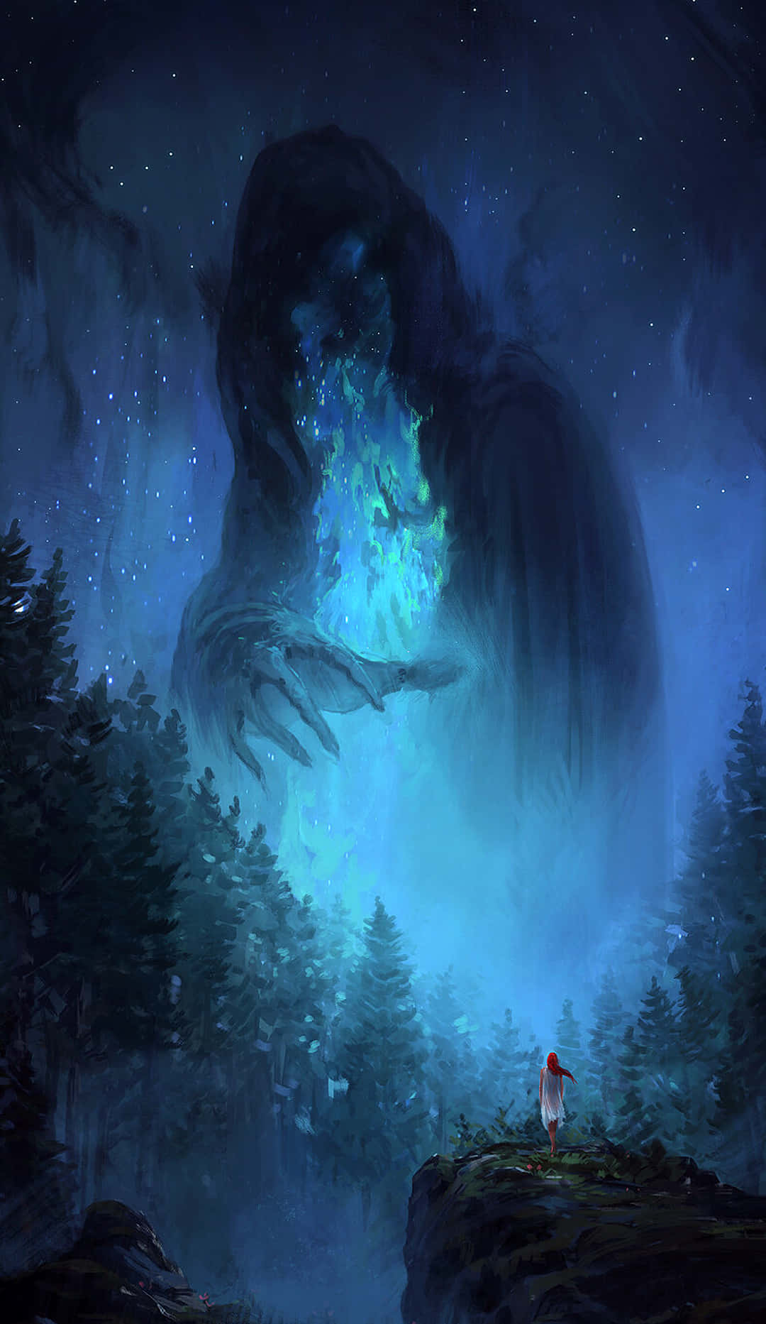 A Man Is Standing In The Forest With A Giant Monster In The Sky Background