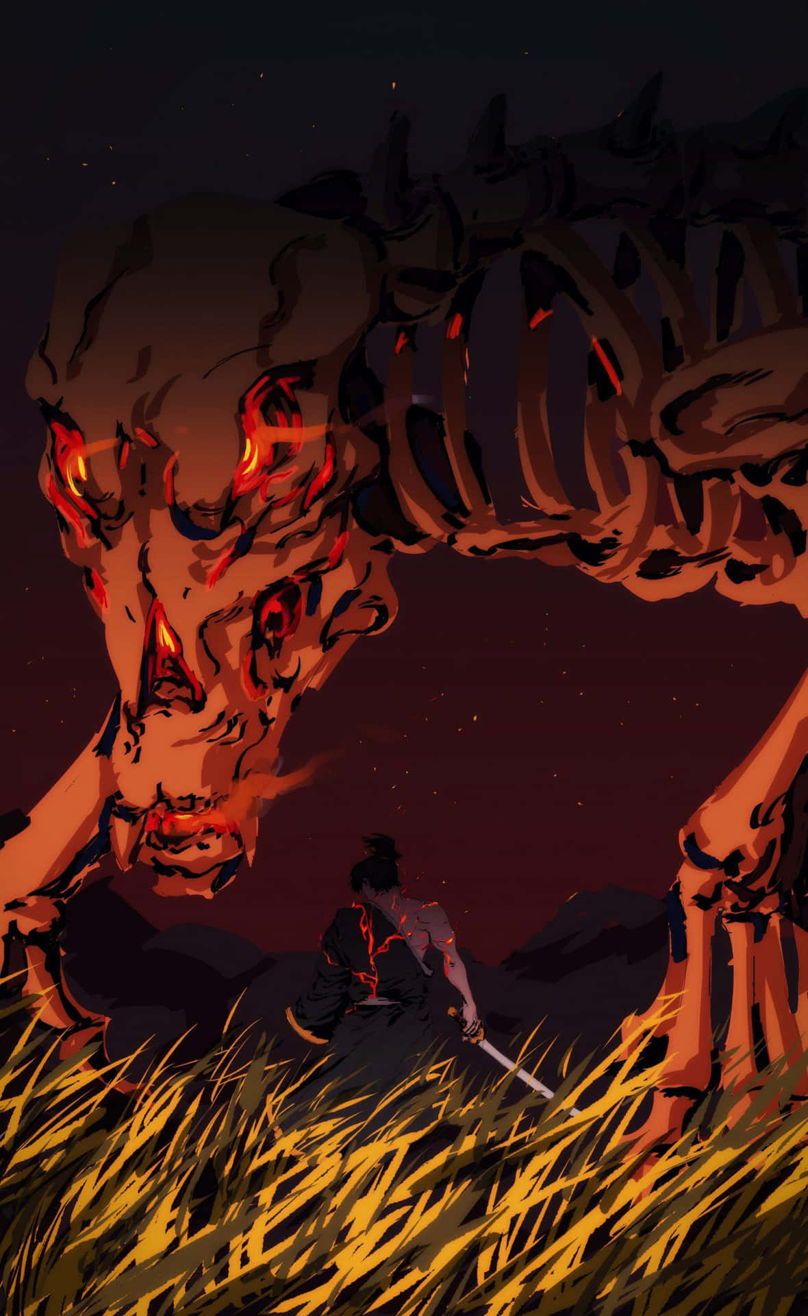 A Man Is Standing In The Grass Next To A Skeleton Background