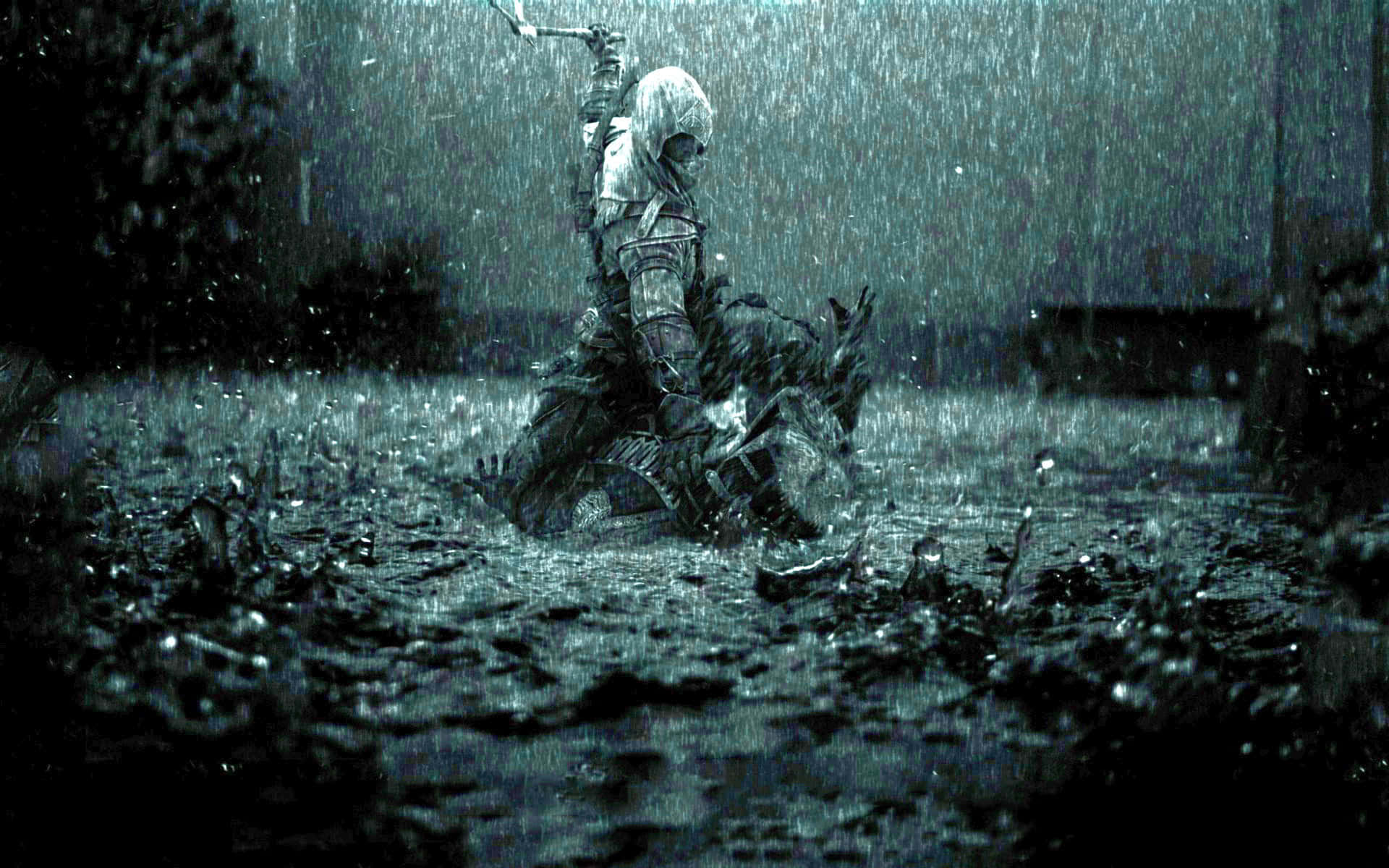 A Man Is Standing In The Rain With A Sword Background