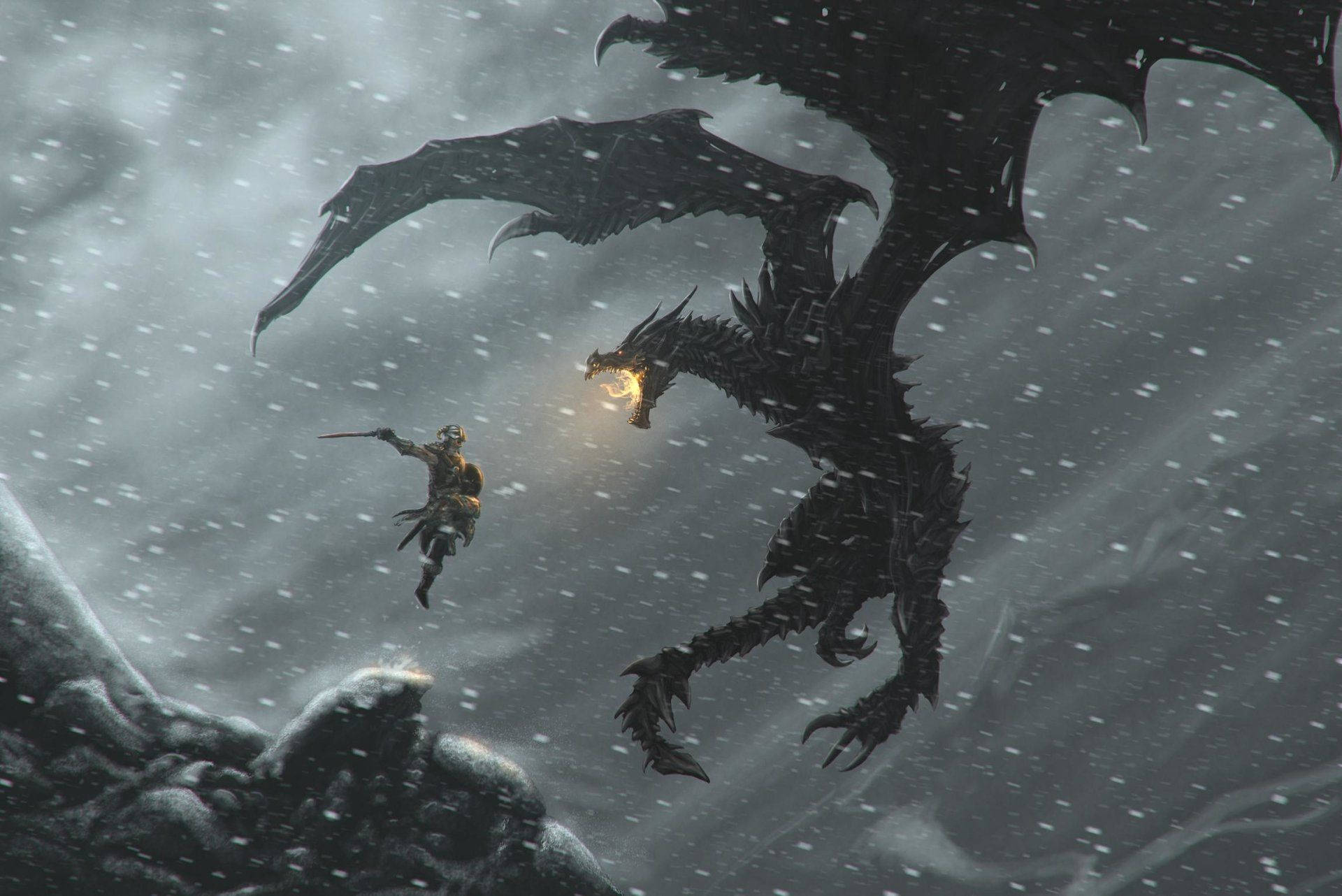 A Man Is Standing In The Snow With A Dragon Background