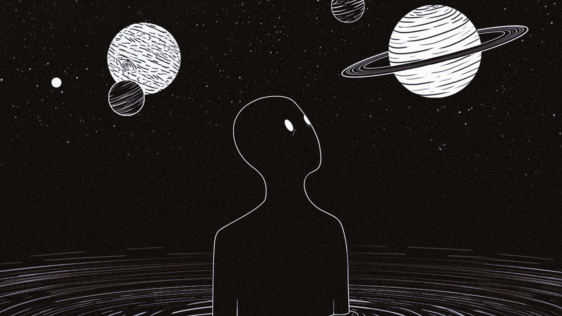 A Man Is Standing In The Water With Planets Around Him Background