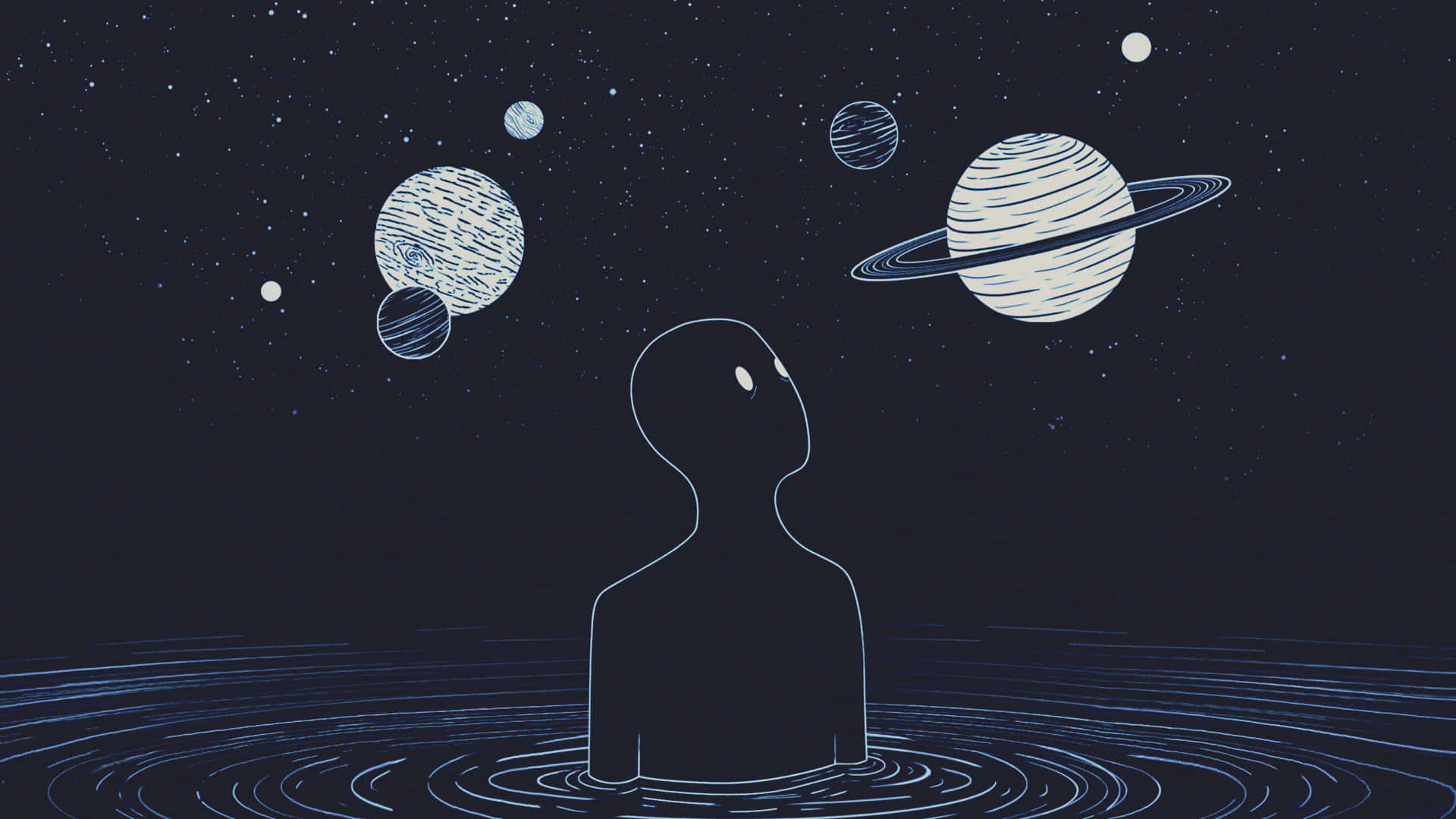 A Man Is Standing In Water With Planets Around Him Background