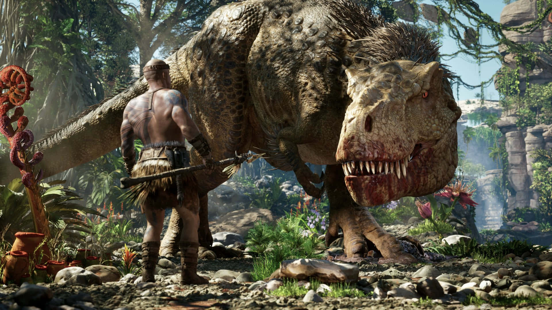 A Man Is Standing Next To A Dinosaur In A Jungle Background