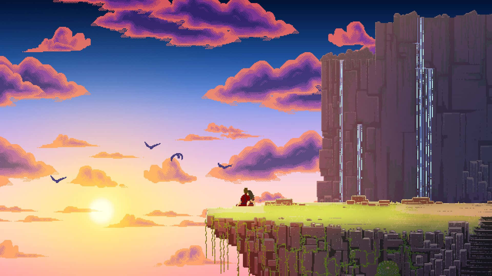 A Man Is Standing On A Cliff Overlooking A Sunset Background