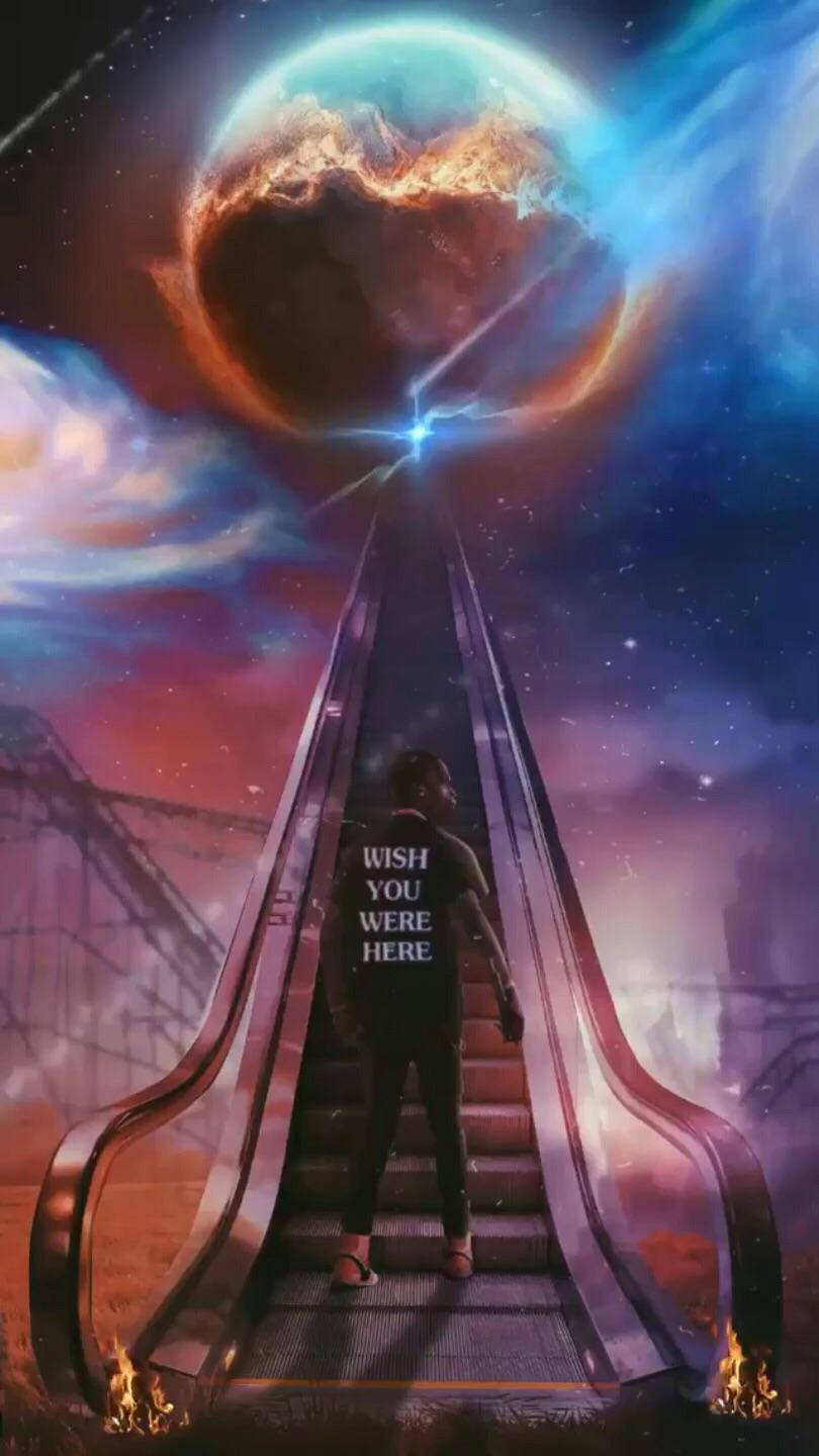 A Man Is Standing On A Stairway With A Spaceship In The Background Background