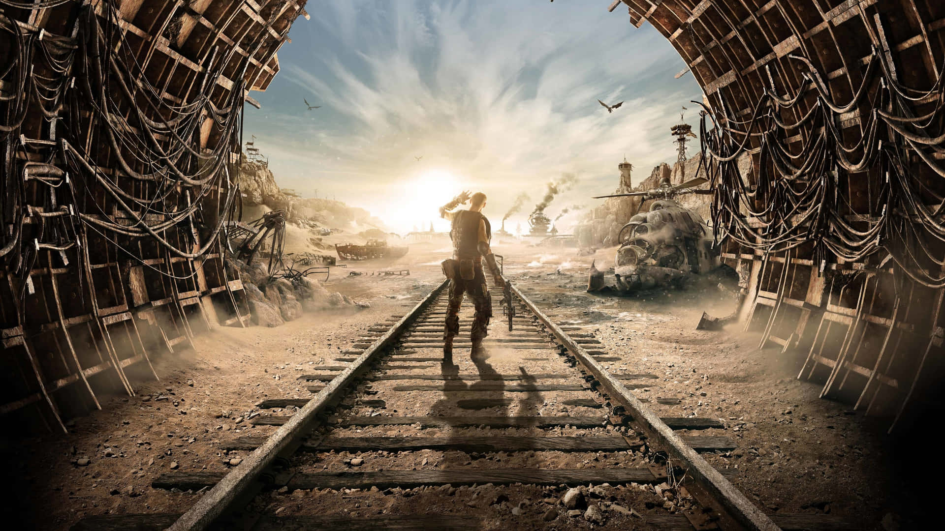 A Man Is Standing On A Train Track Background