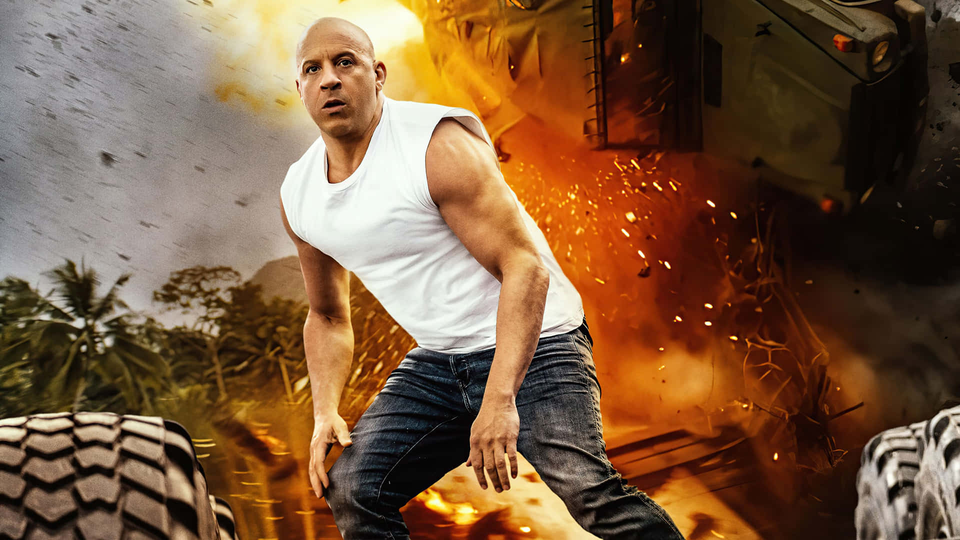 A Man Is Standing On A Truck With A Fire On It Background