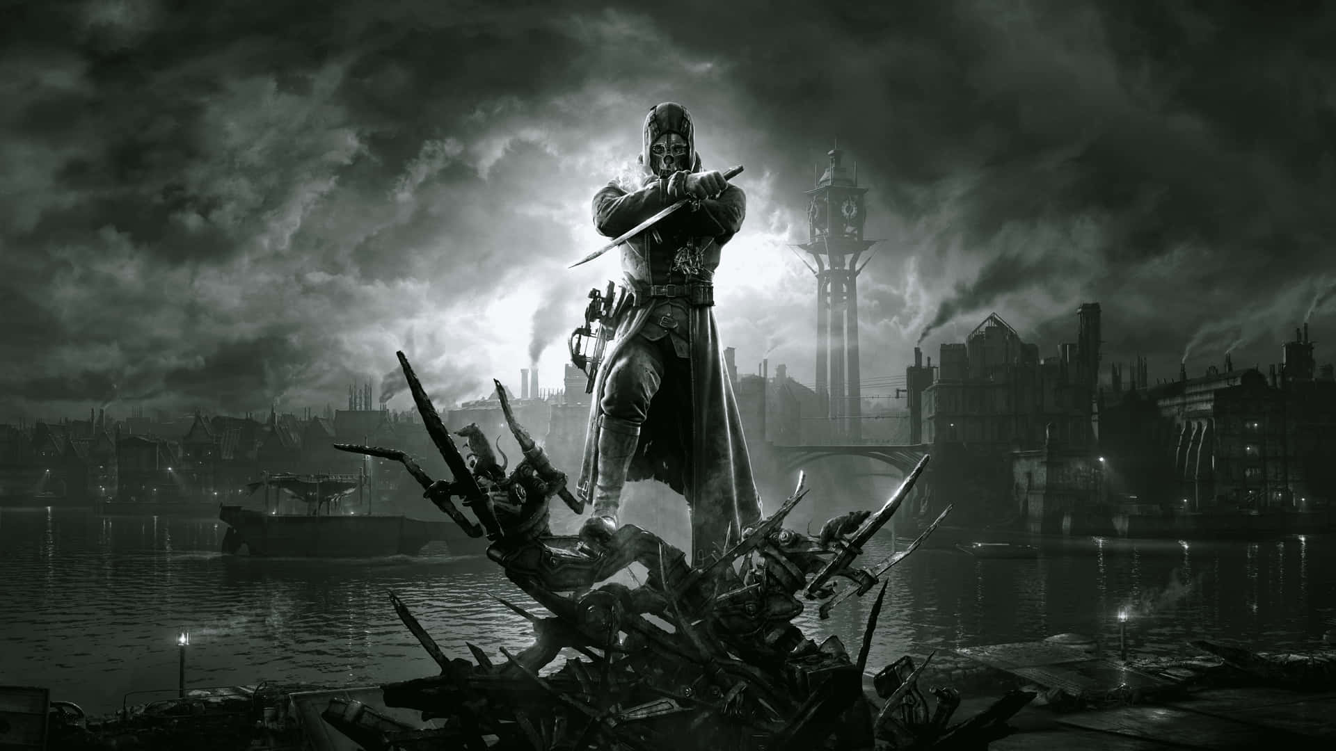 A Man Is Standing On Top Of A City With A Sword