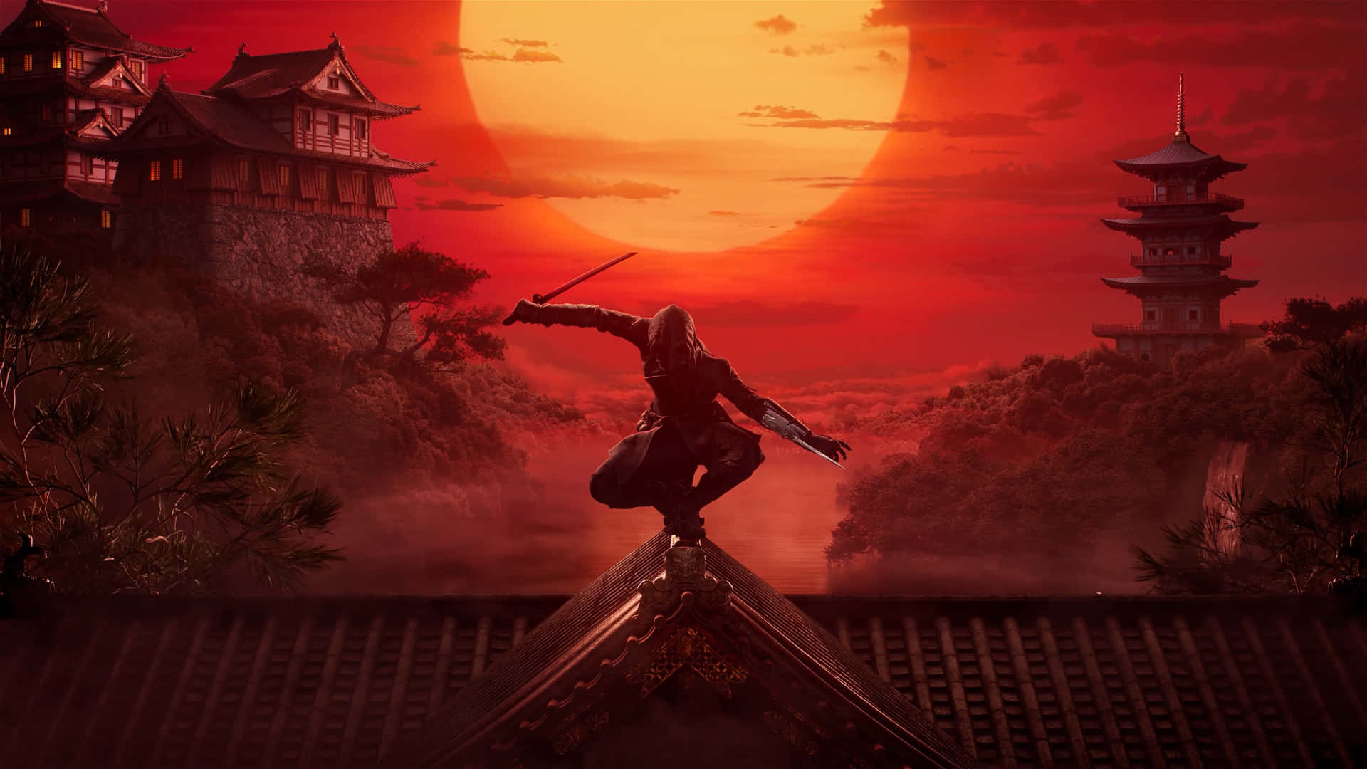 A Man Is Standing On Top Of A Roof With A Sword Background