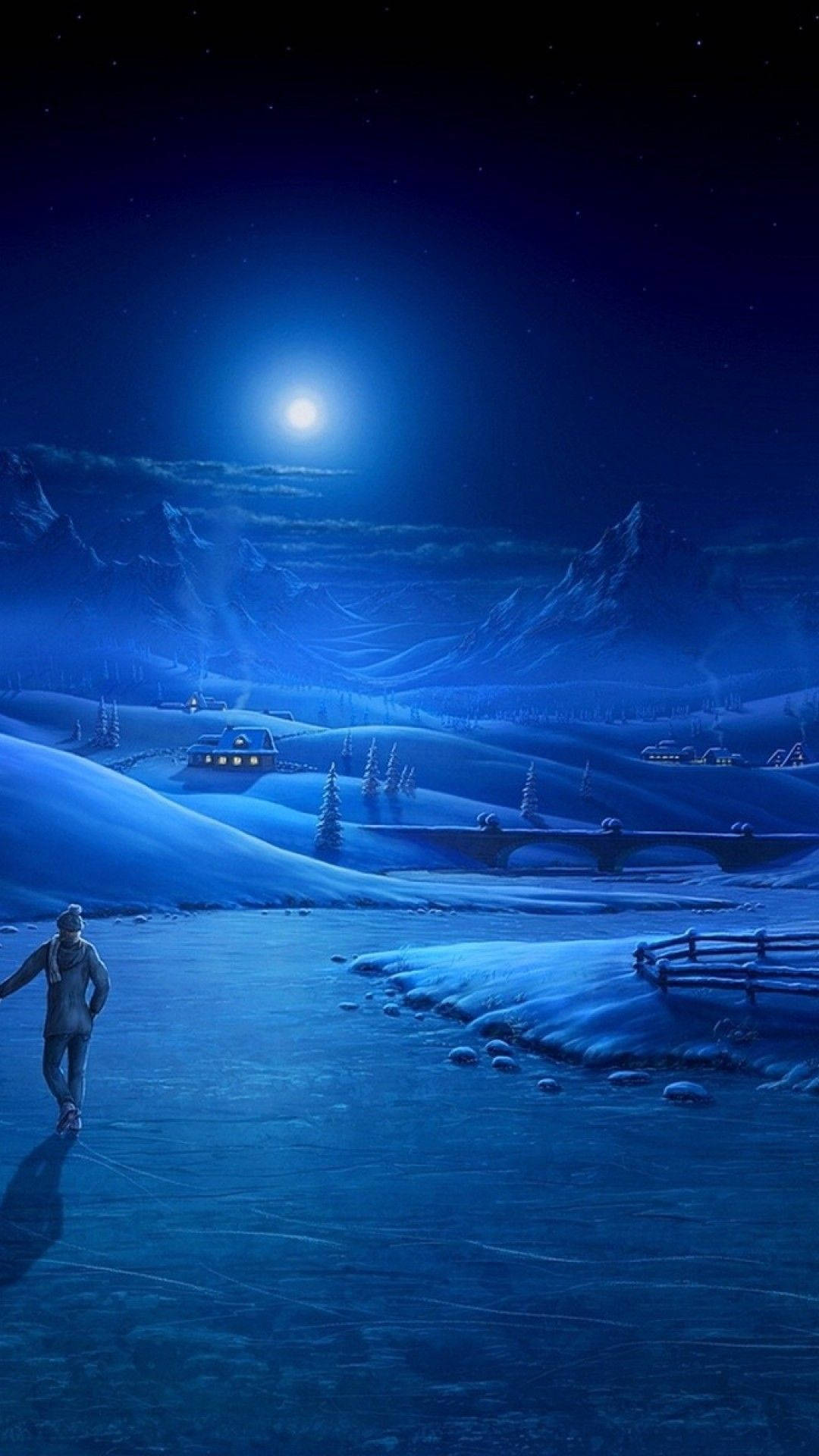 A Man Is Walking Across A Frozen Lake At Night