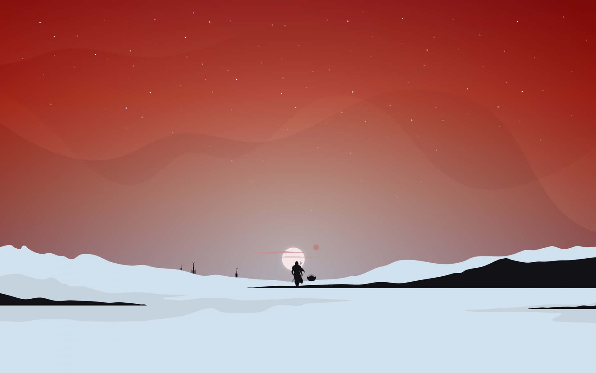 A Man Is Walking Across A Snowy Landscape With A Red Sky Background