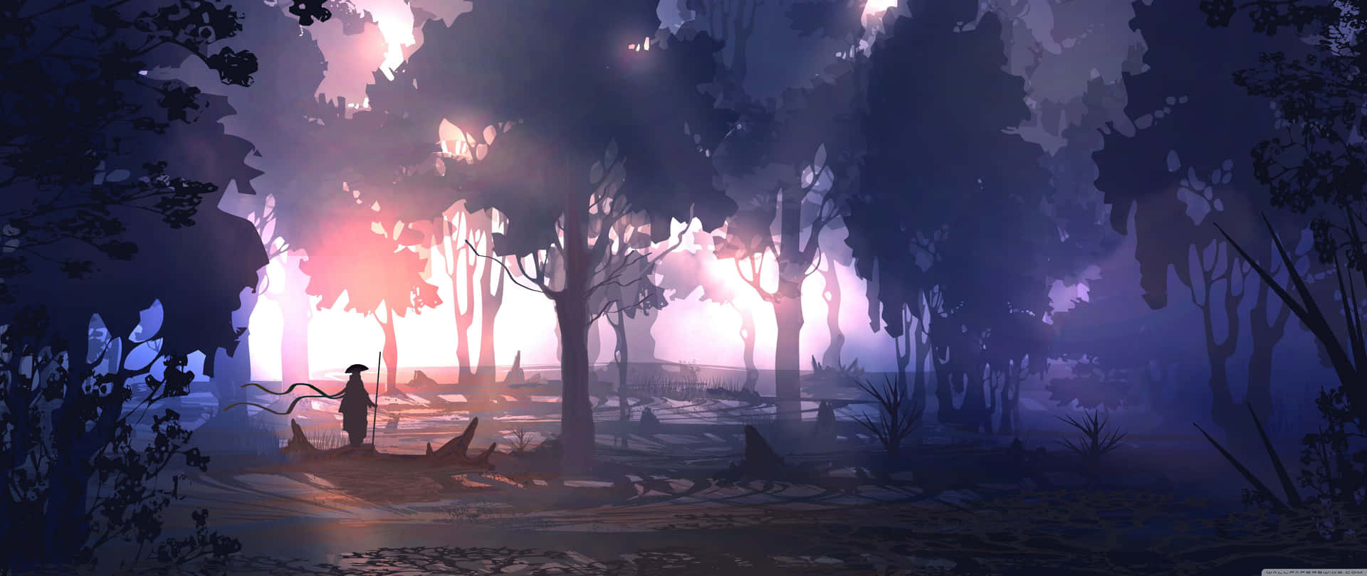 A Man Is Walking Through The Forest At Night Background