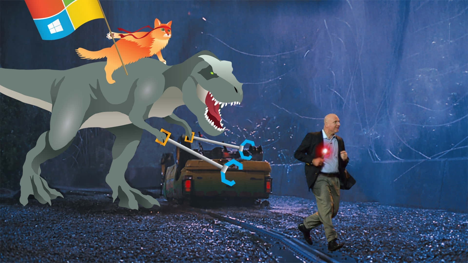 A Man Is Walking With A Dinosaur And A Cat Background