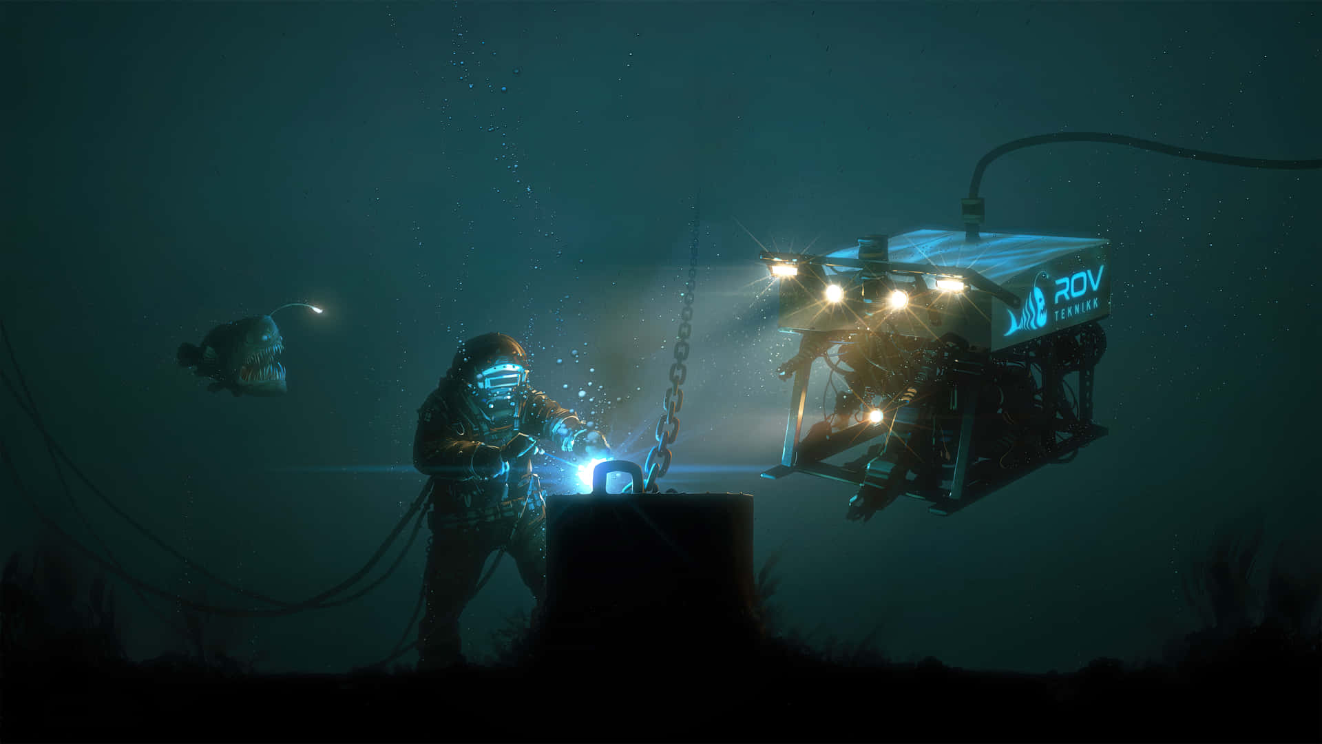 A Man Is Working On A Machine Underwater Background