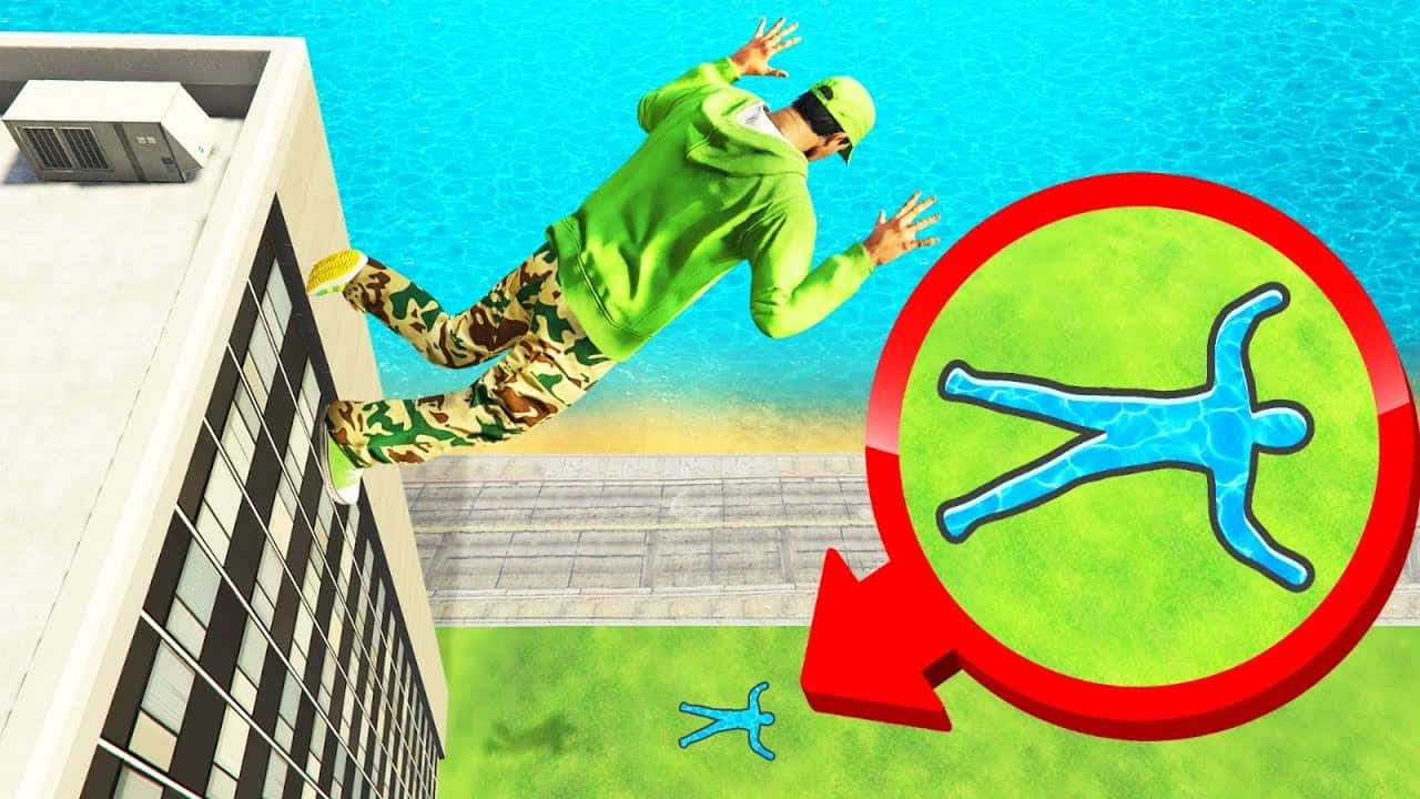 A Man Jumping Off A Building In An Animated Game Background