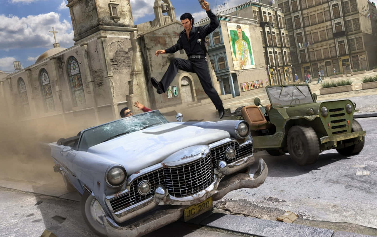 A Man Jumping Over A Car In A City