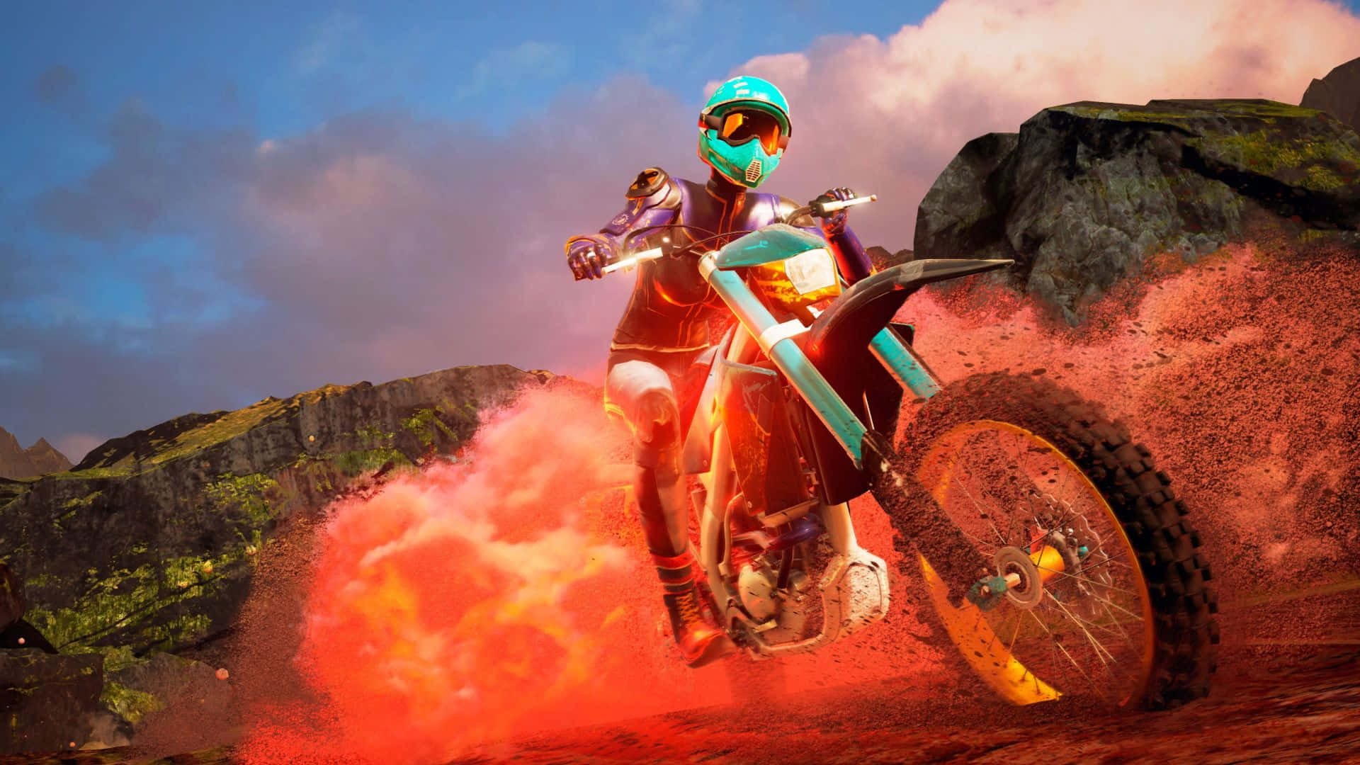 A Man Riding A Dirt Bike Through A Red Dust Background