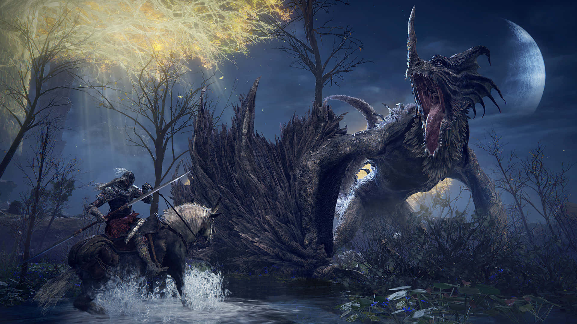 A Man Riding A Horse In The Woods Next To A Dragon Background