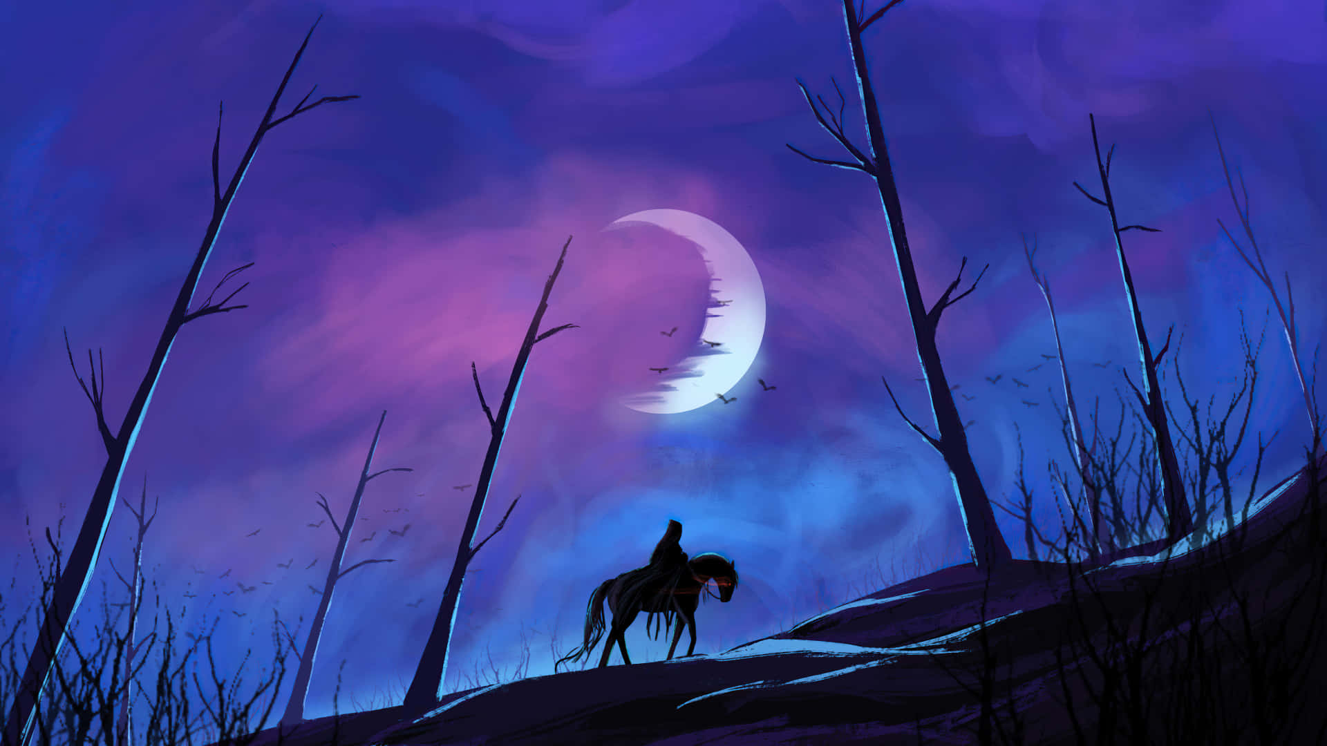 A Man Riding A Horse In The Woods With A Full Moon Background