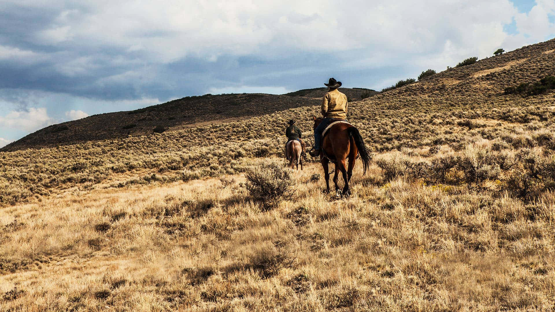 A Man Riding A Horse On A Hill Background