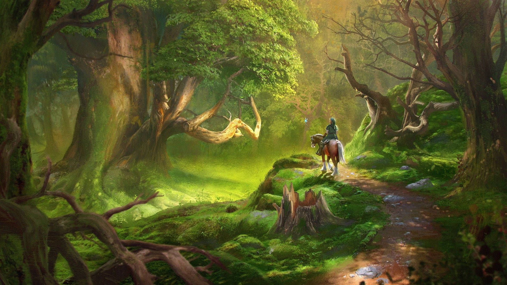 A Man Riding A Horse Through A Forest Background