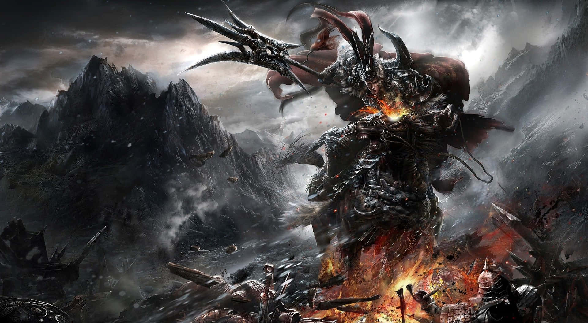 A Man Riding A Horse With A Dragon On It Background