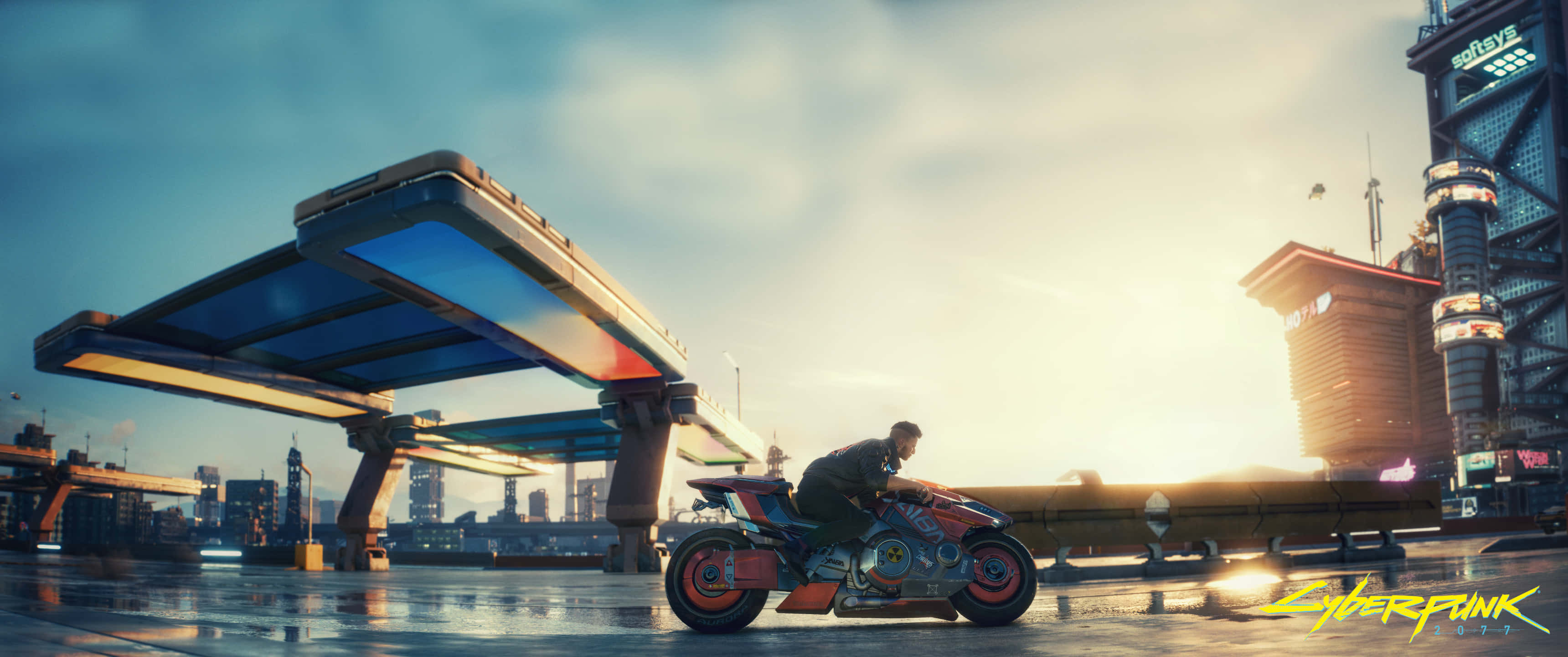 A Man Riding A Motorcycle In Front Of A City Background