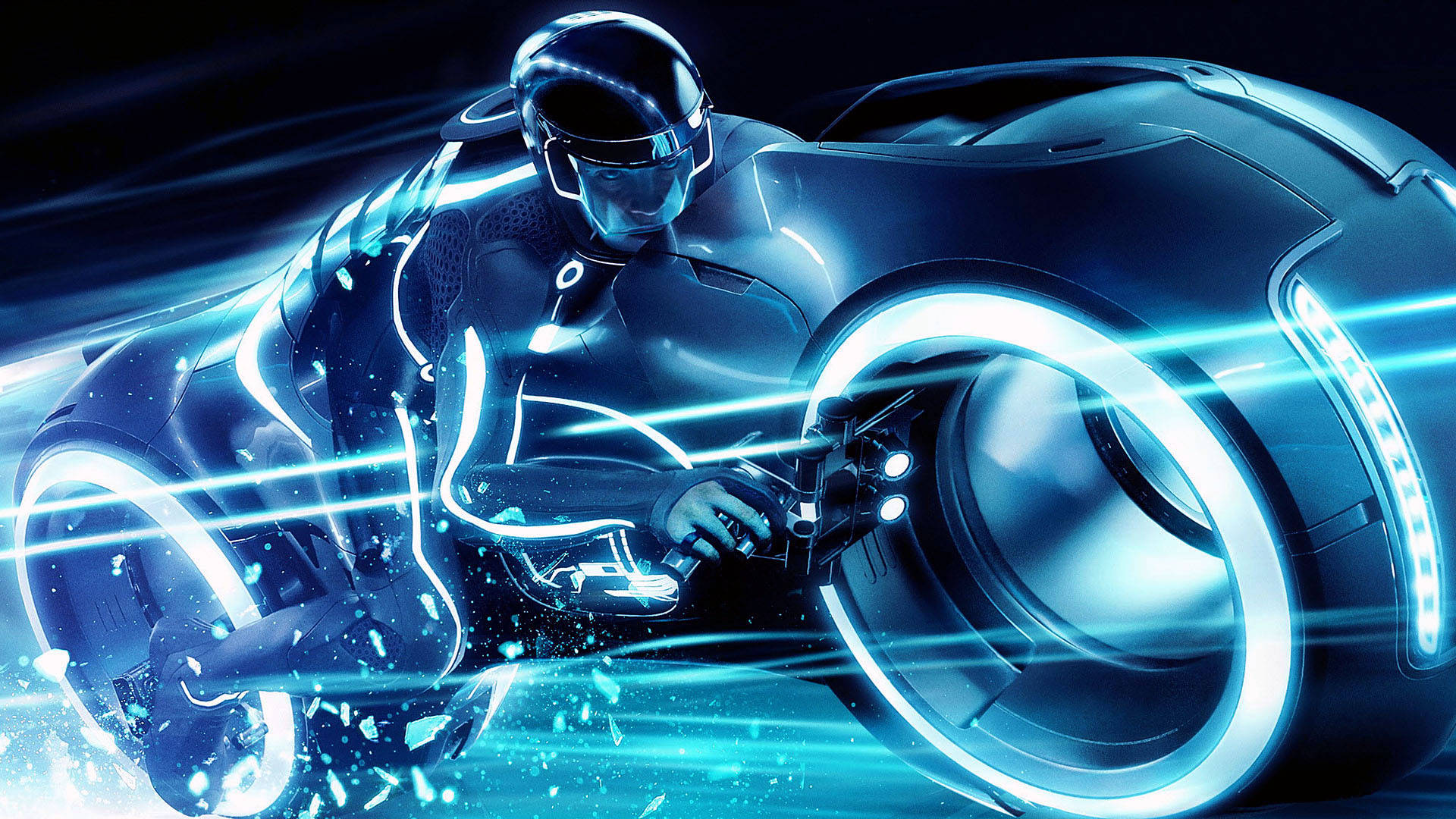 A Man Riding A Motorcycle With A Blue Light Background