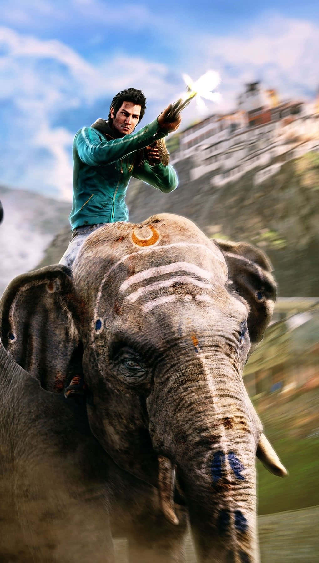 A Man Riding An Elephant With A Gun Background