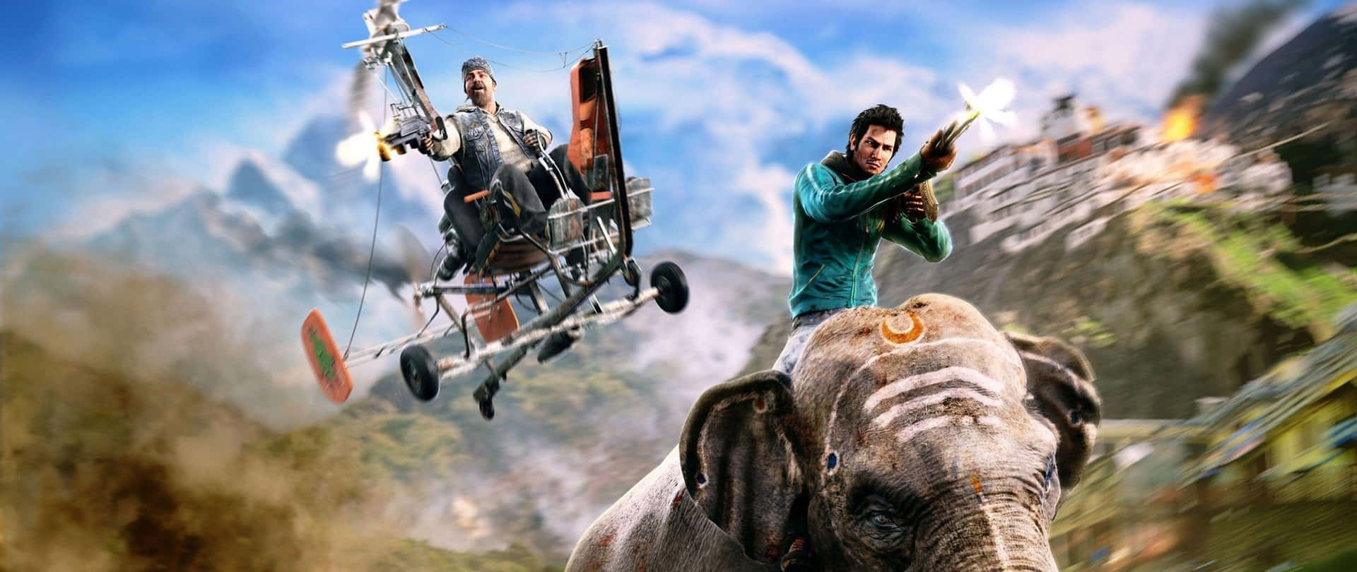 A Man Riding An Elephant With A Plane Background