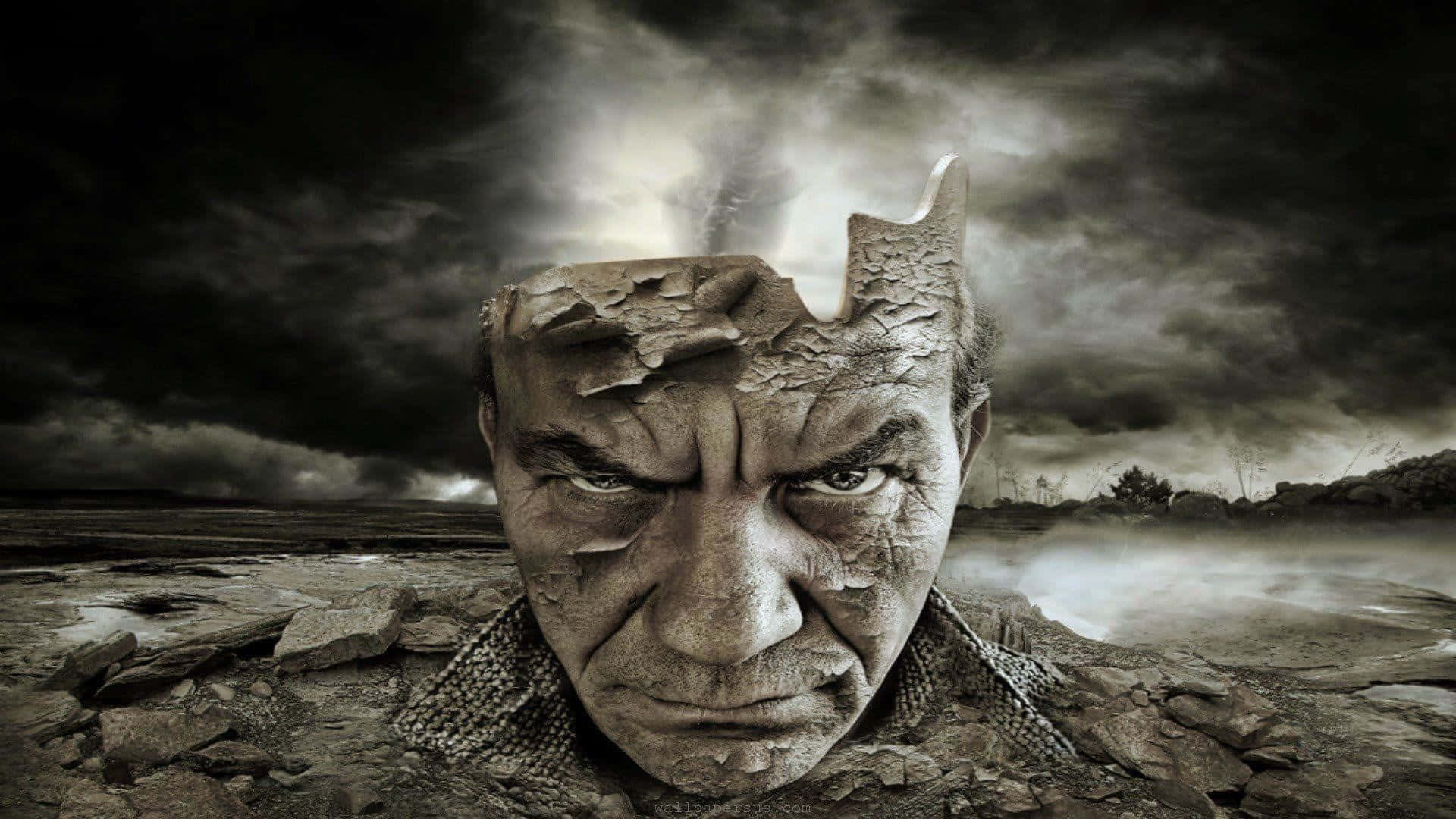 A Man's Head Is Shown In A Dark Environment Background