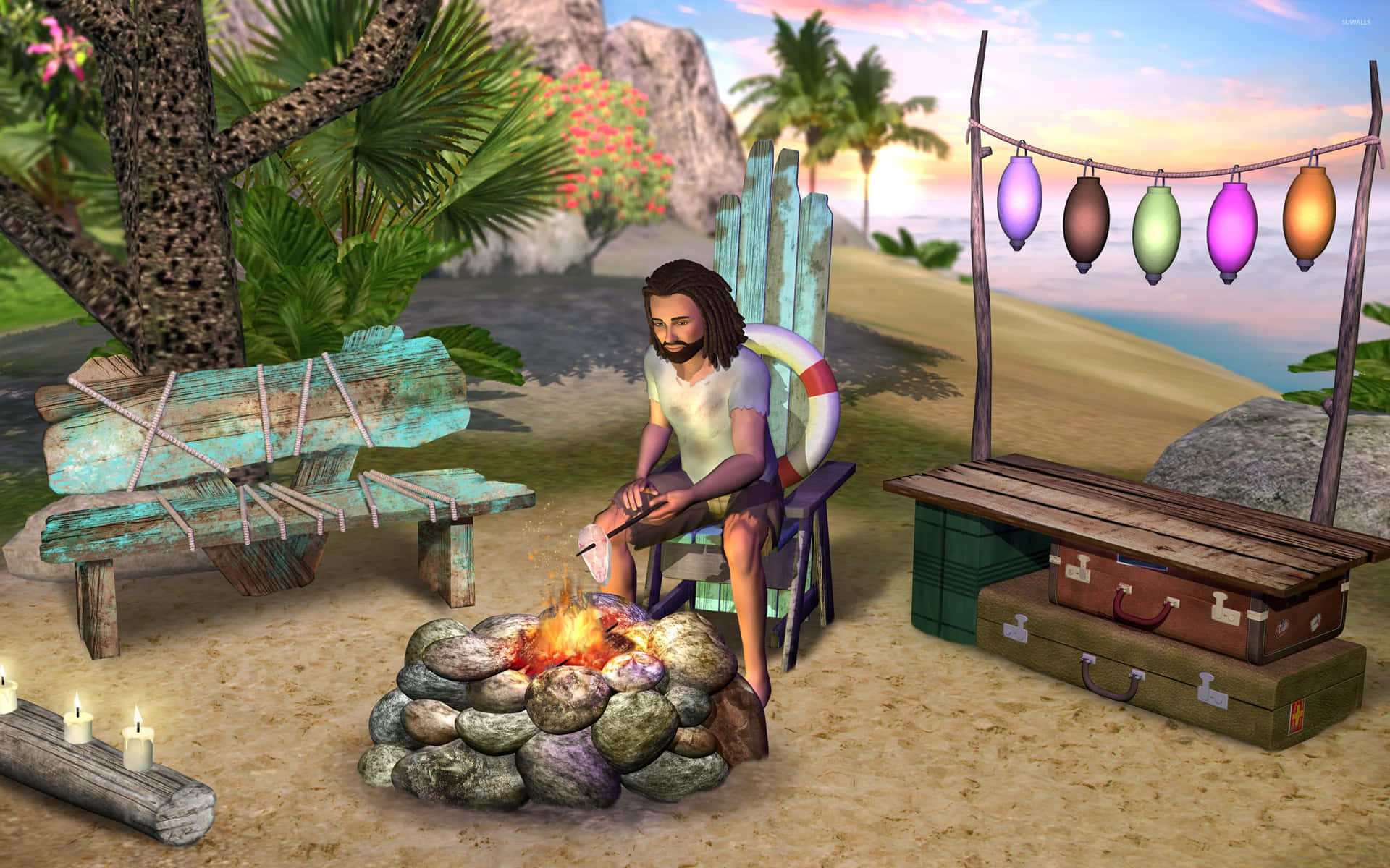 A Man Sits By A Fire On The Beach Background