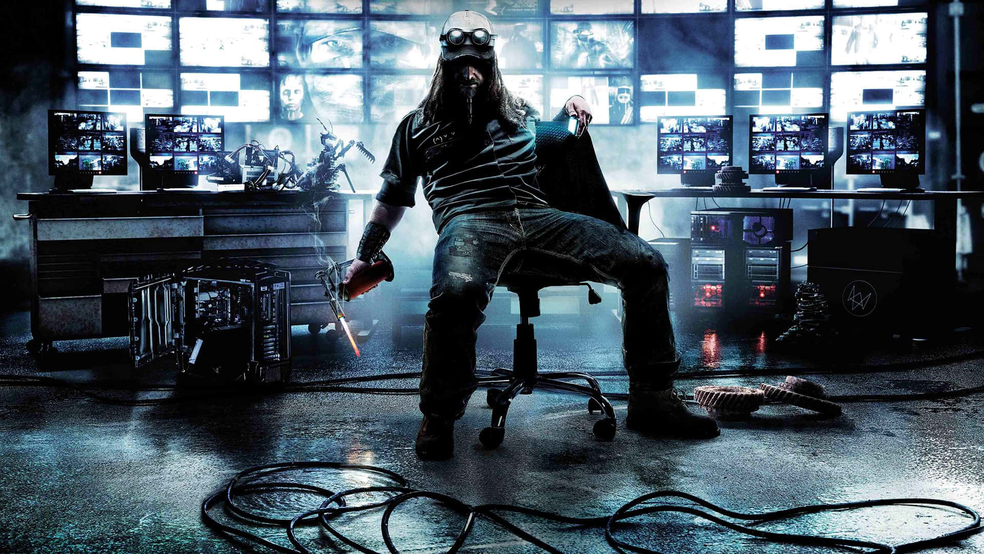 A Man Sitting In A Chair With A Computer Screen Background