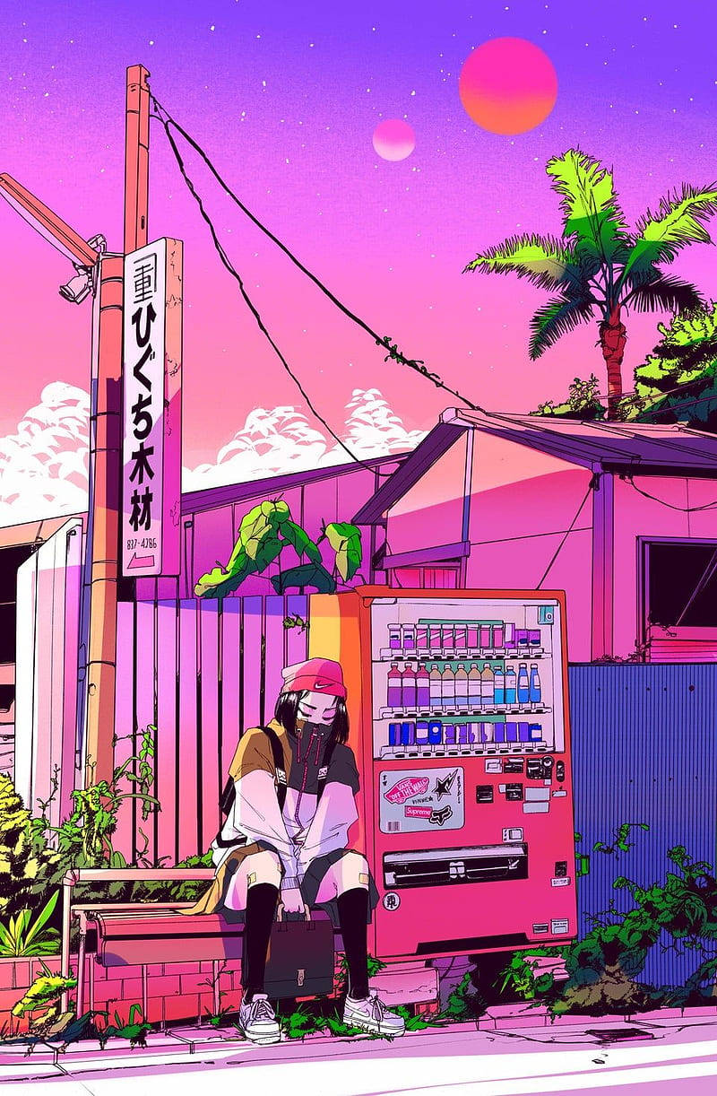 A Man Sitting On A Bench Near A Vending Machine Background