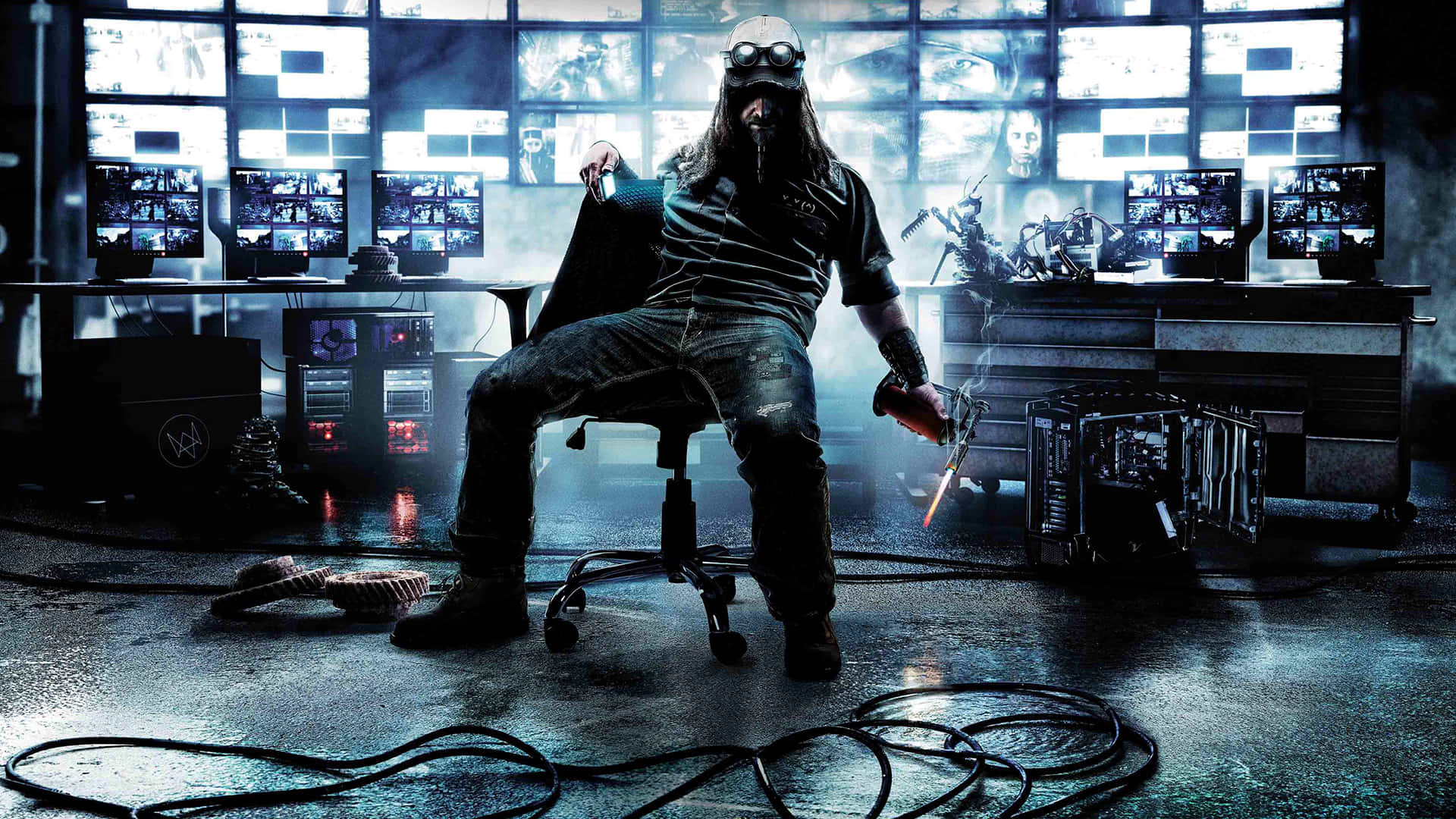 A Man Sitting On A Chair In Front Of A Computer Screen Background