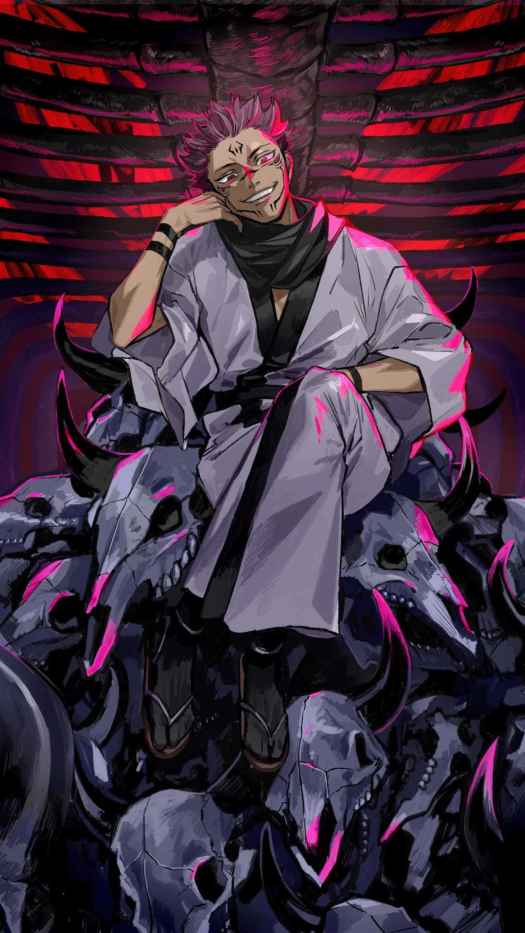 A Man Sitting On A Pile Of Skulls Background