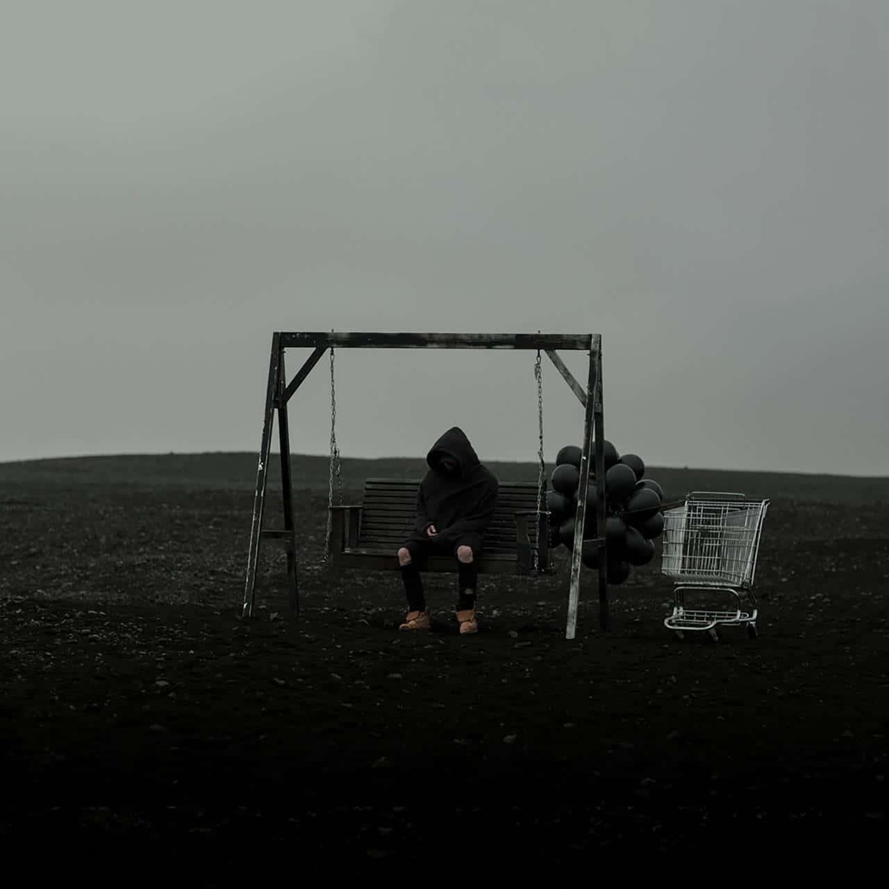 A Man Sitting On A Swing In A Field With Balloons