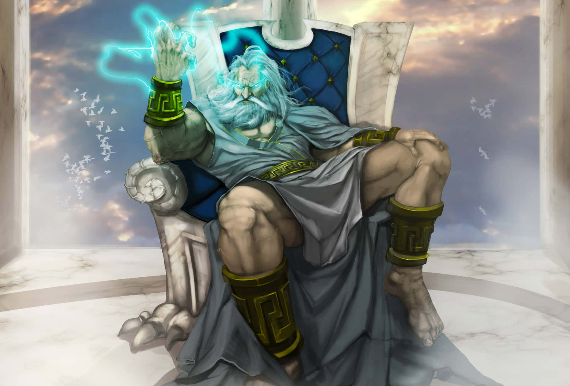 A Man Sitting On A Throne With A Blue Light