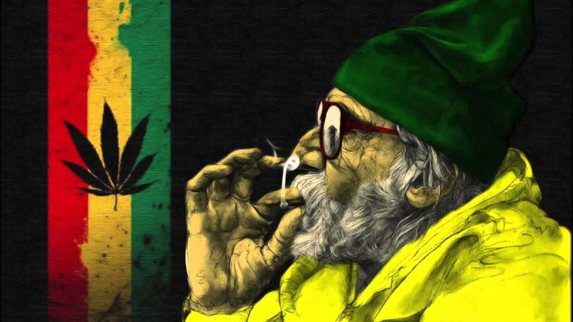 A Man Smoking A Cigarette With A Rasta Flag Background