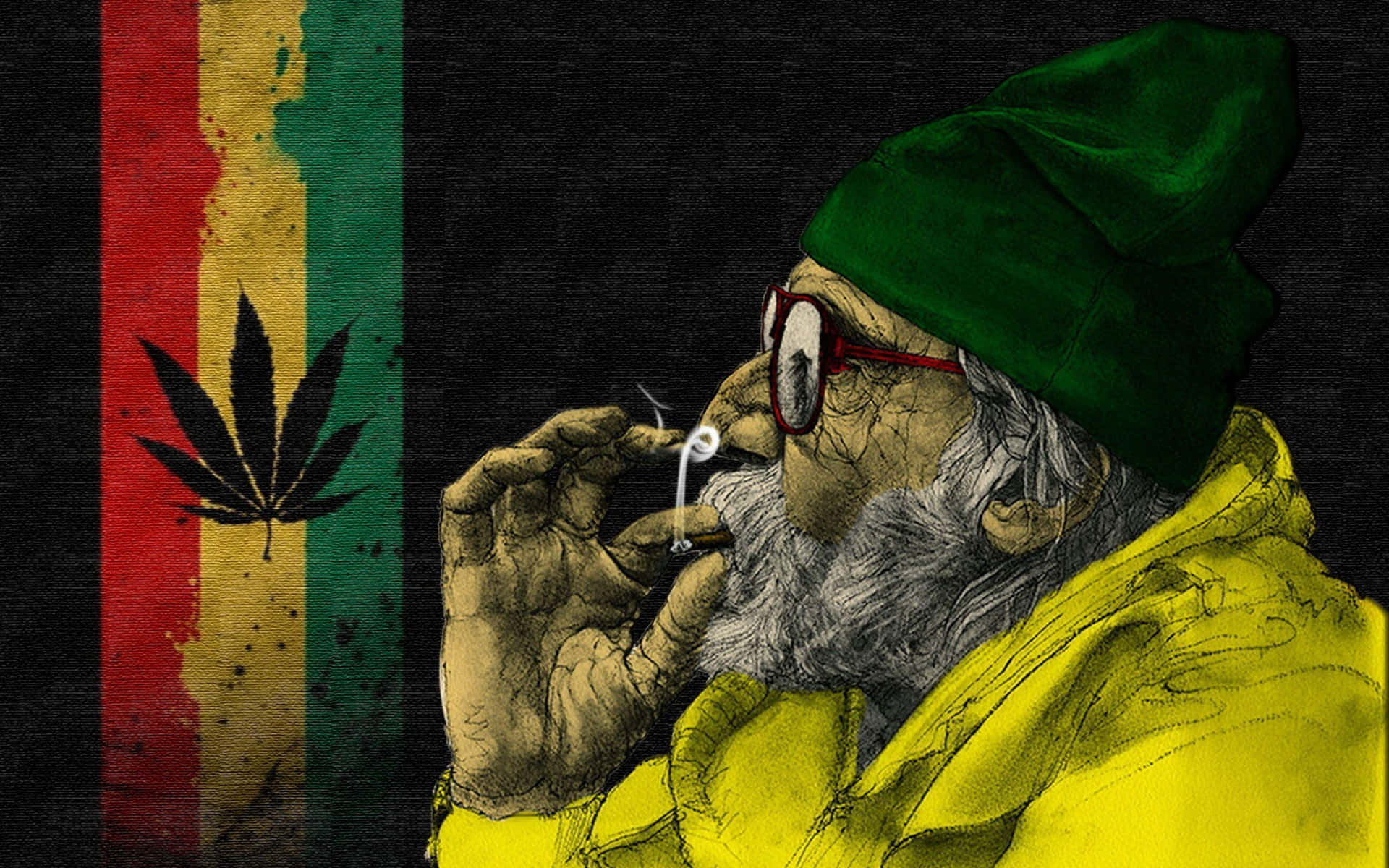 A Man Smoking A Weed With A Flag Behind Him Background