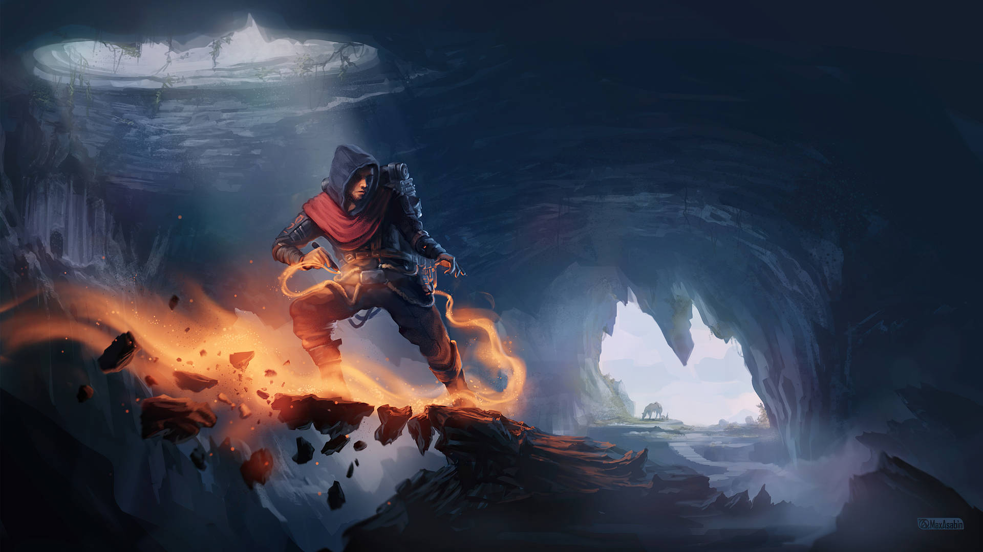 A Man Standing In A Cave With Fire Background