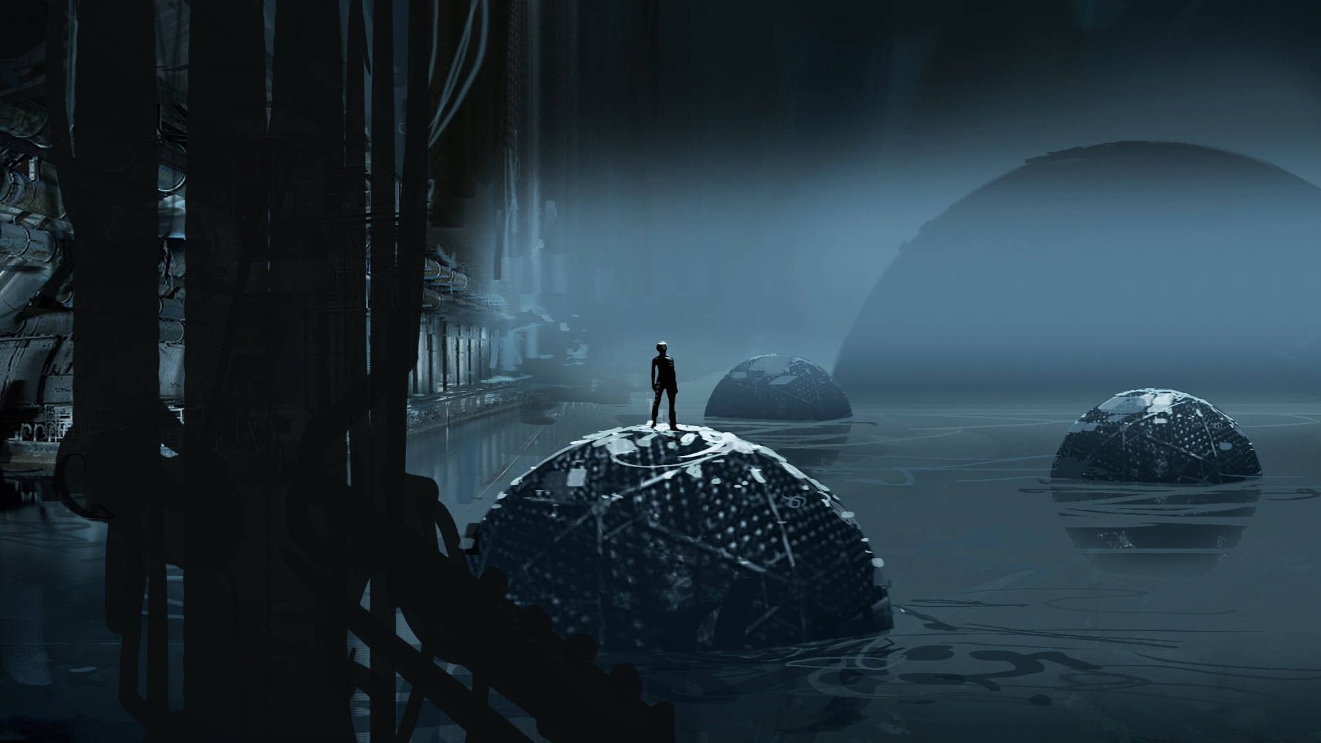 A Man Standing In A Dark Watery Area Background