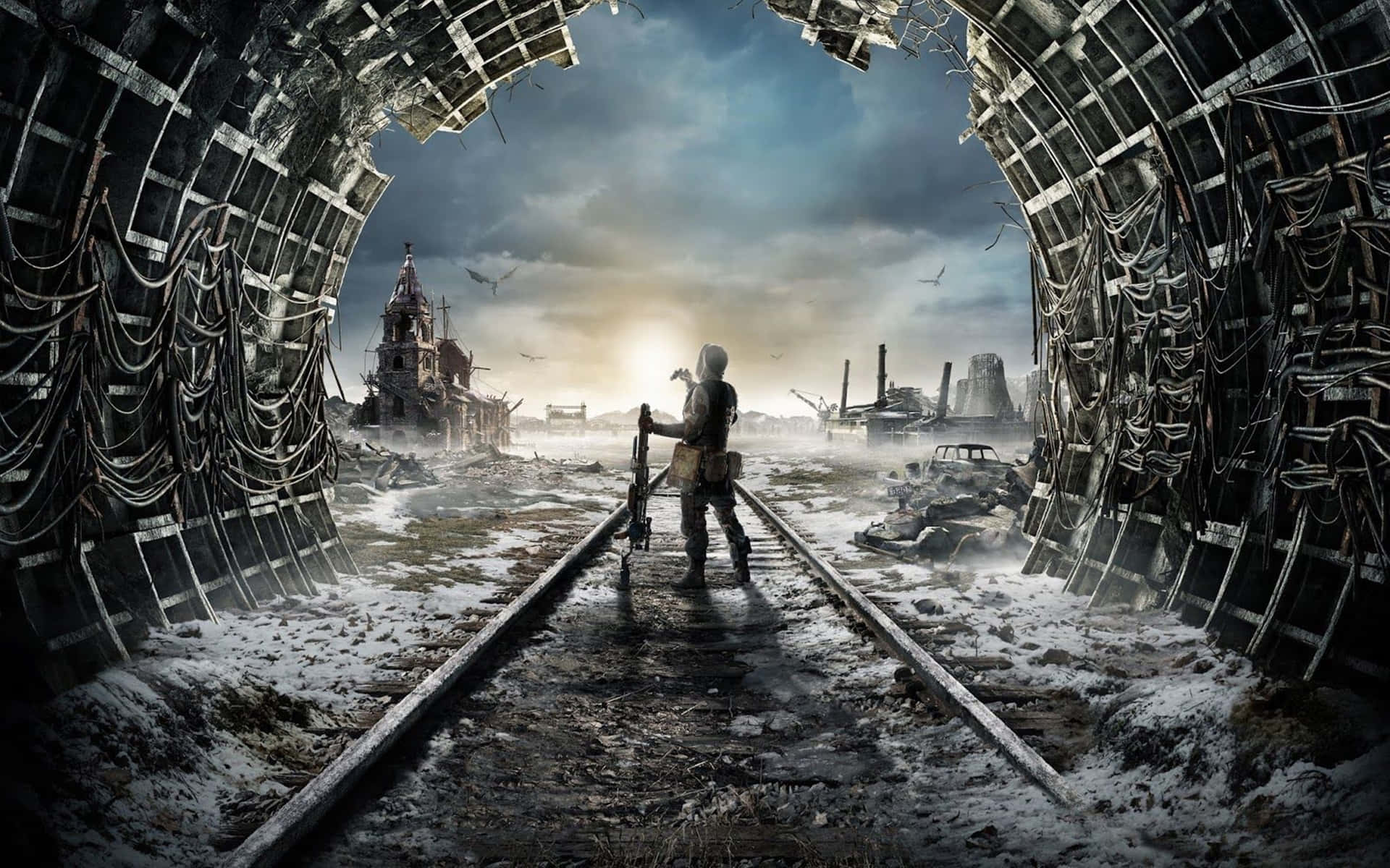 A Man Standing In A Tunnel With A Train Background