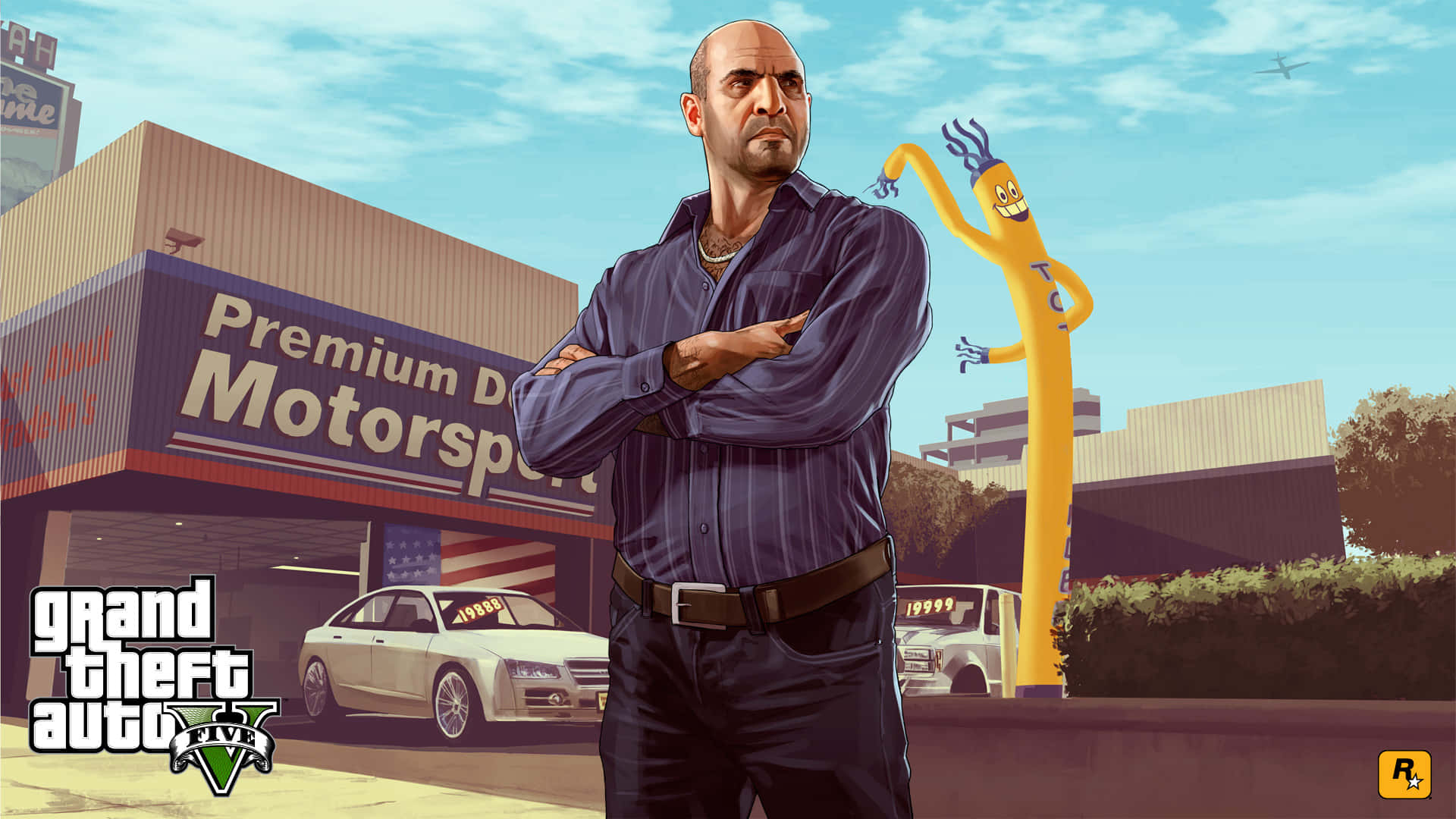 A Man Standing In Front Of A Building With A Yellow Car Background