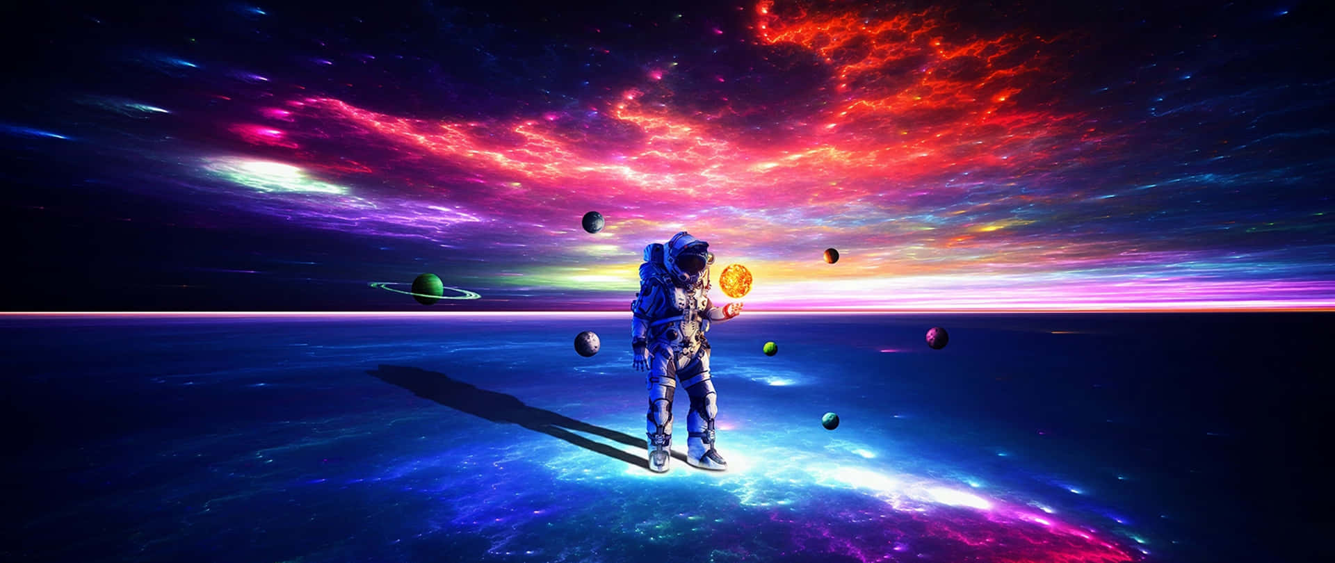 A Man Standing In Front Of A Colorful Space Background